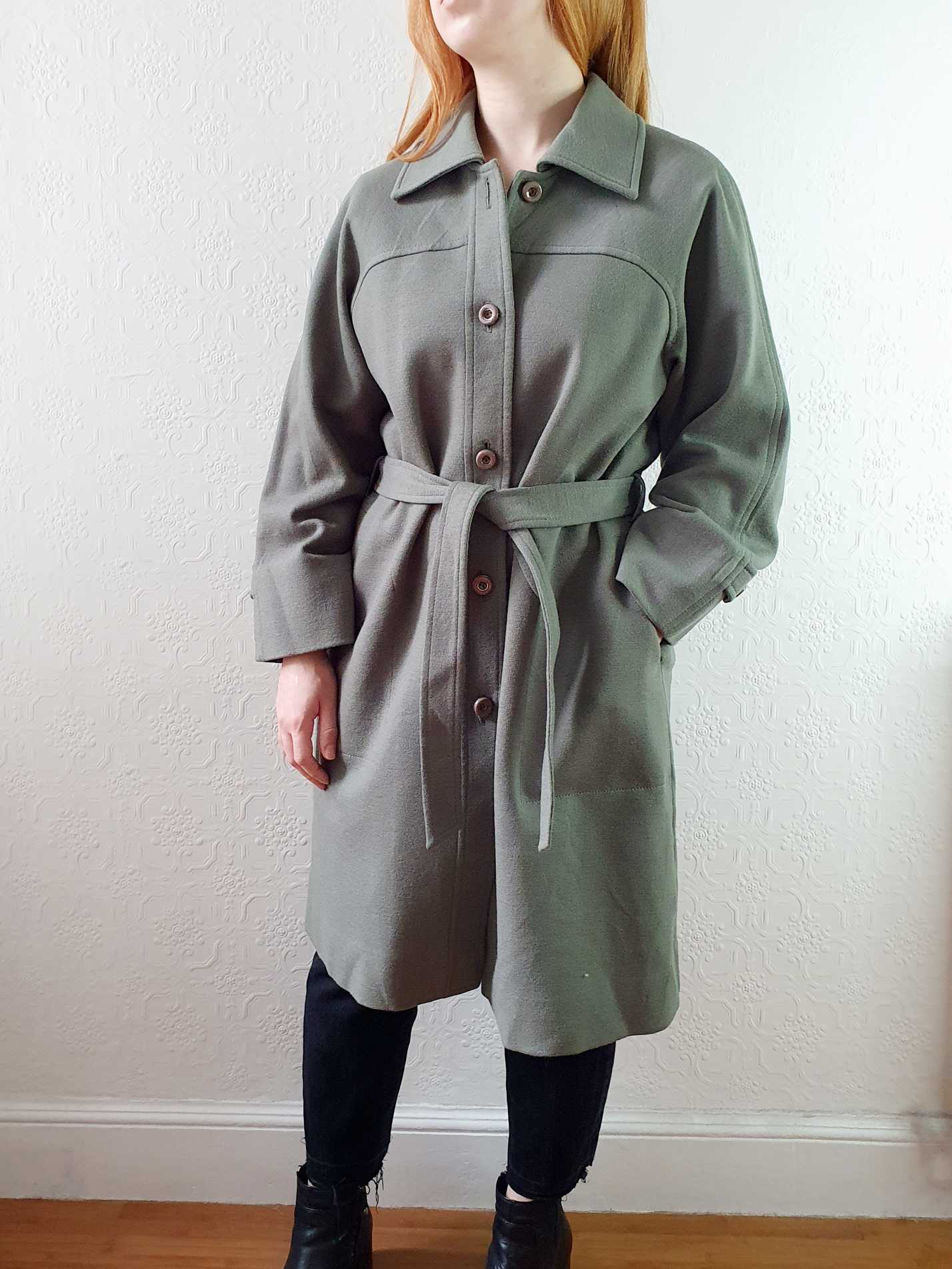 Vintage 70s Khaki Coat Wool with Belt - M - Image 7