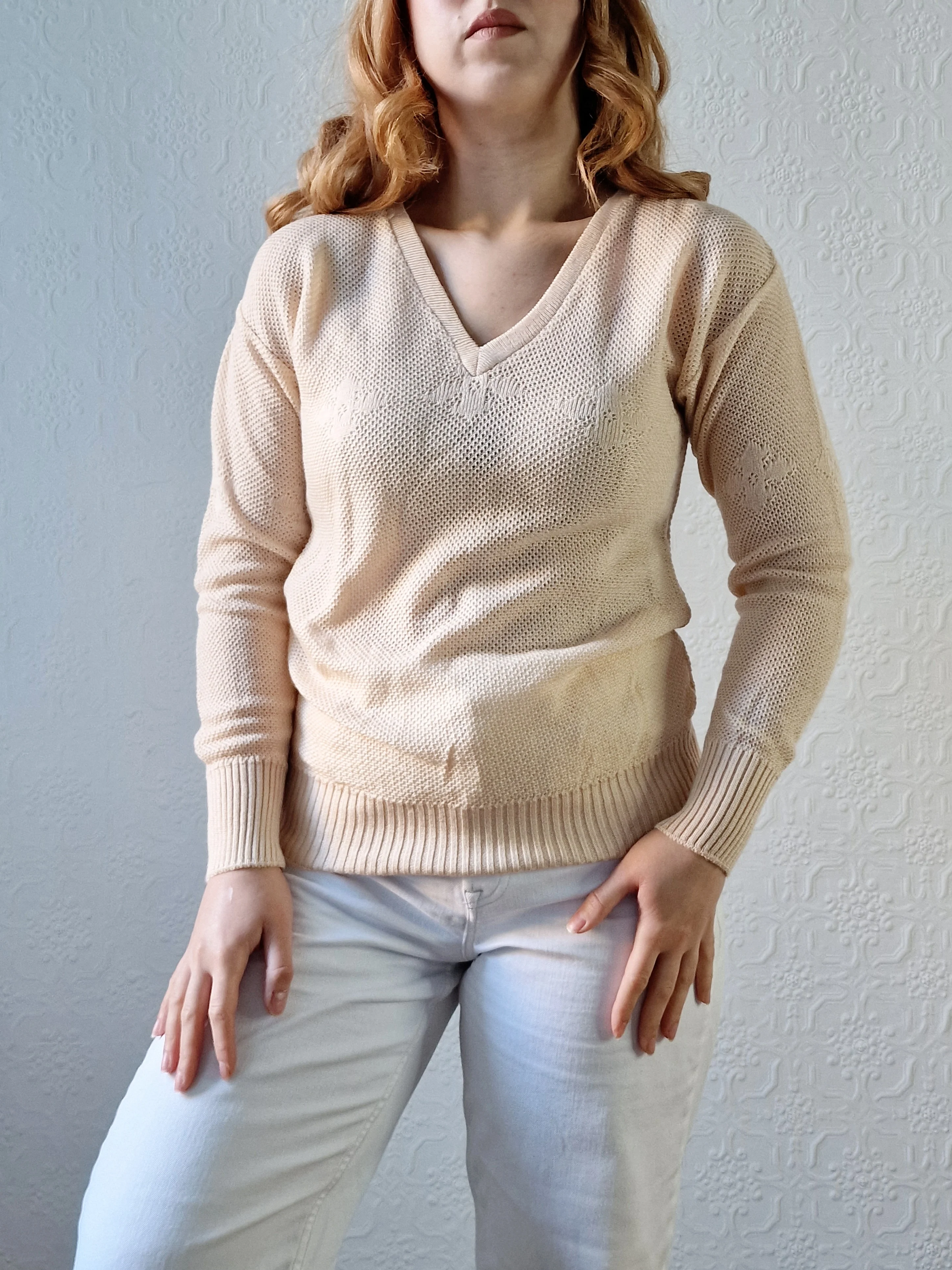 Vintage 70s Light Beige V-Neck Knitted Jumper - XS/S - Image 2