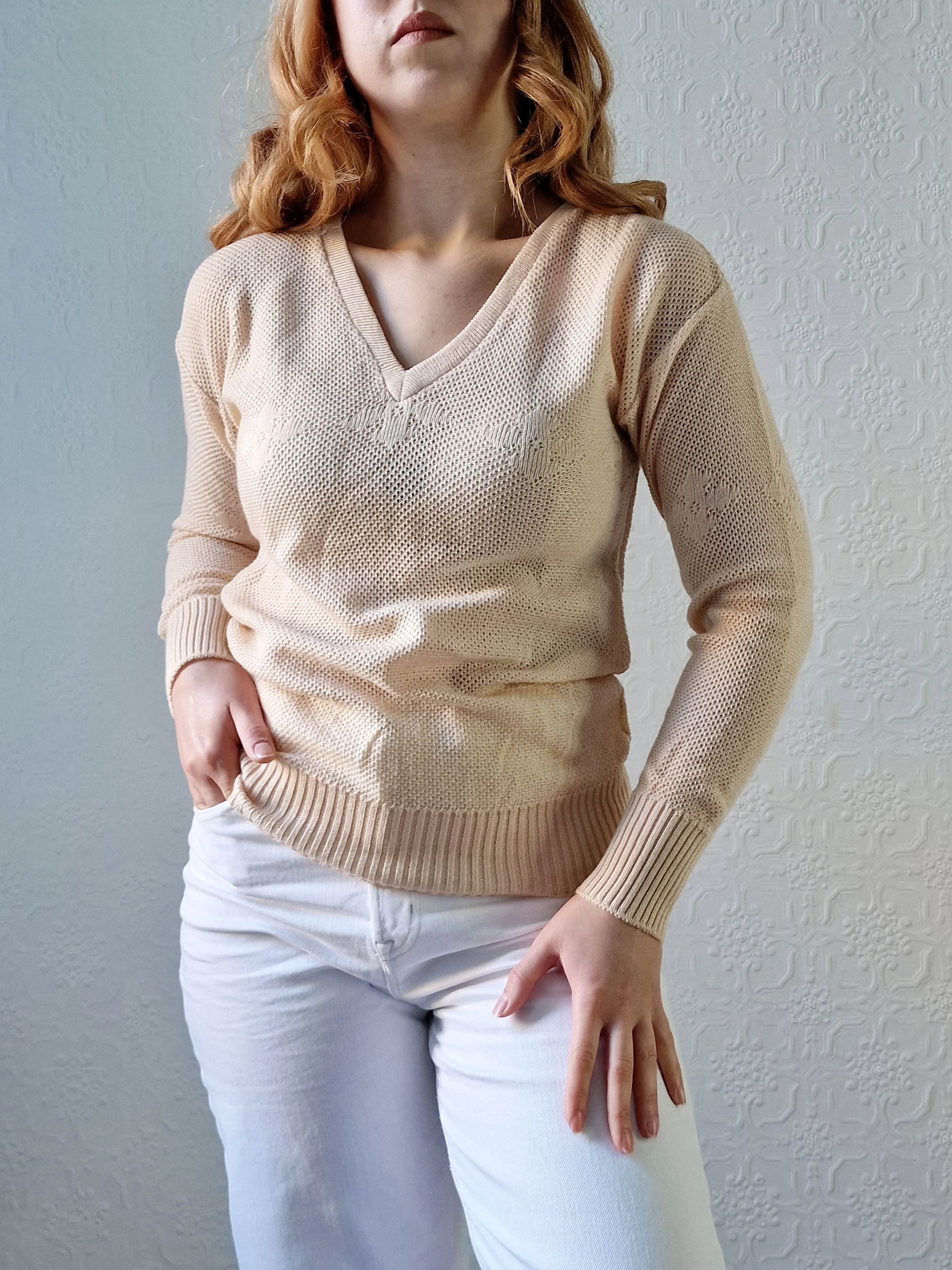 Vintage 70s Light Beige V-Neck Knitted Jumper - XS/S - Image 3