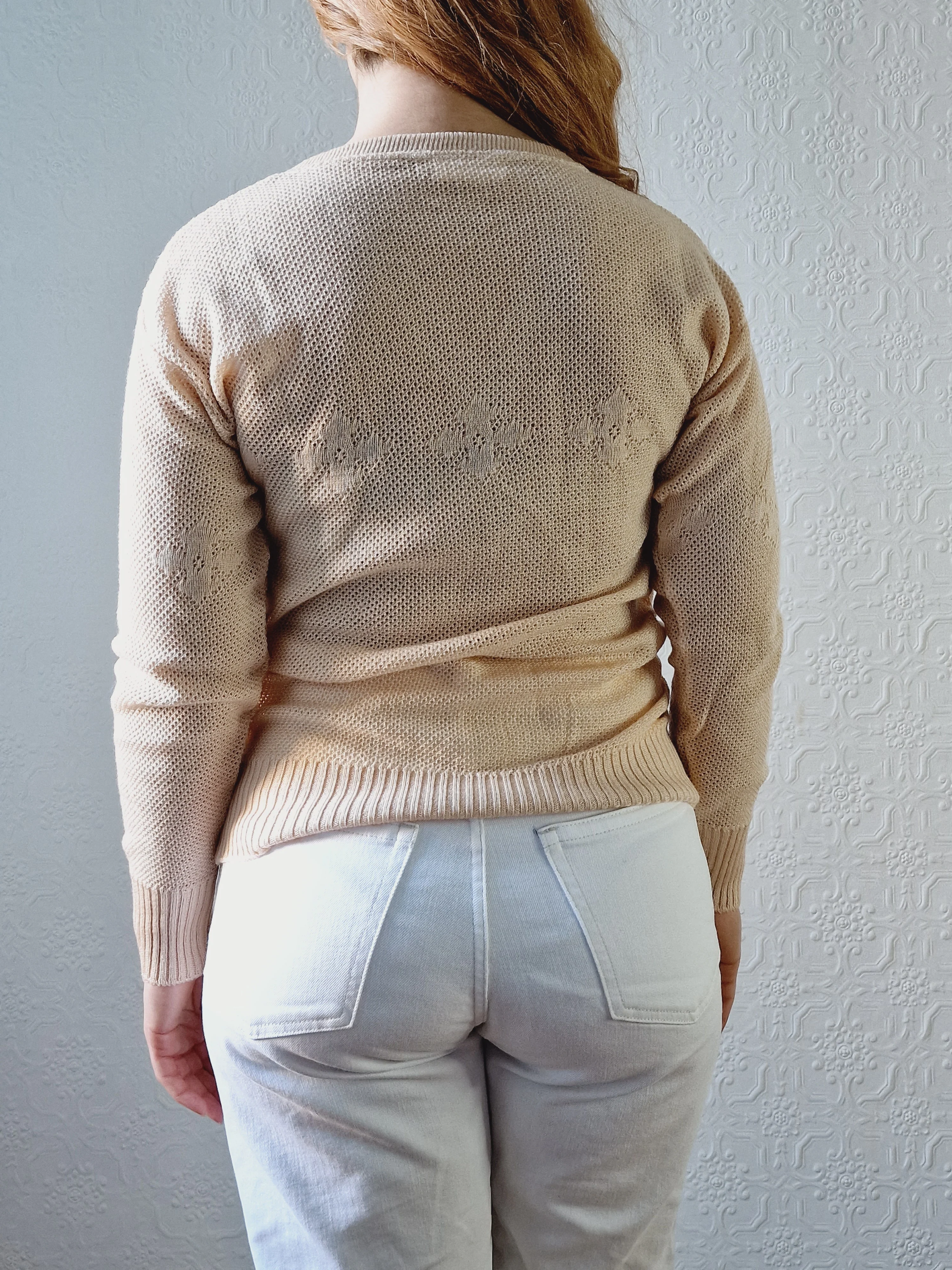 Vintage 70s Light Beige V-Neck Knitted Jumper - XS/S - Image 5