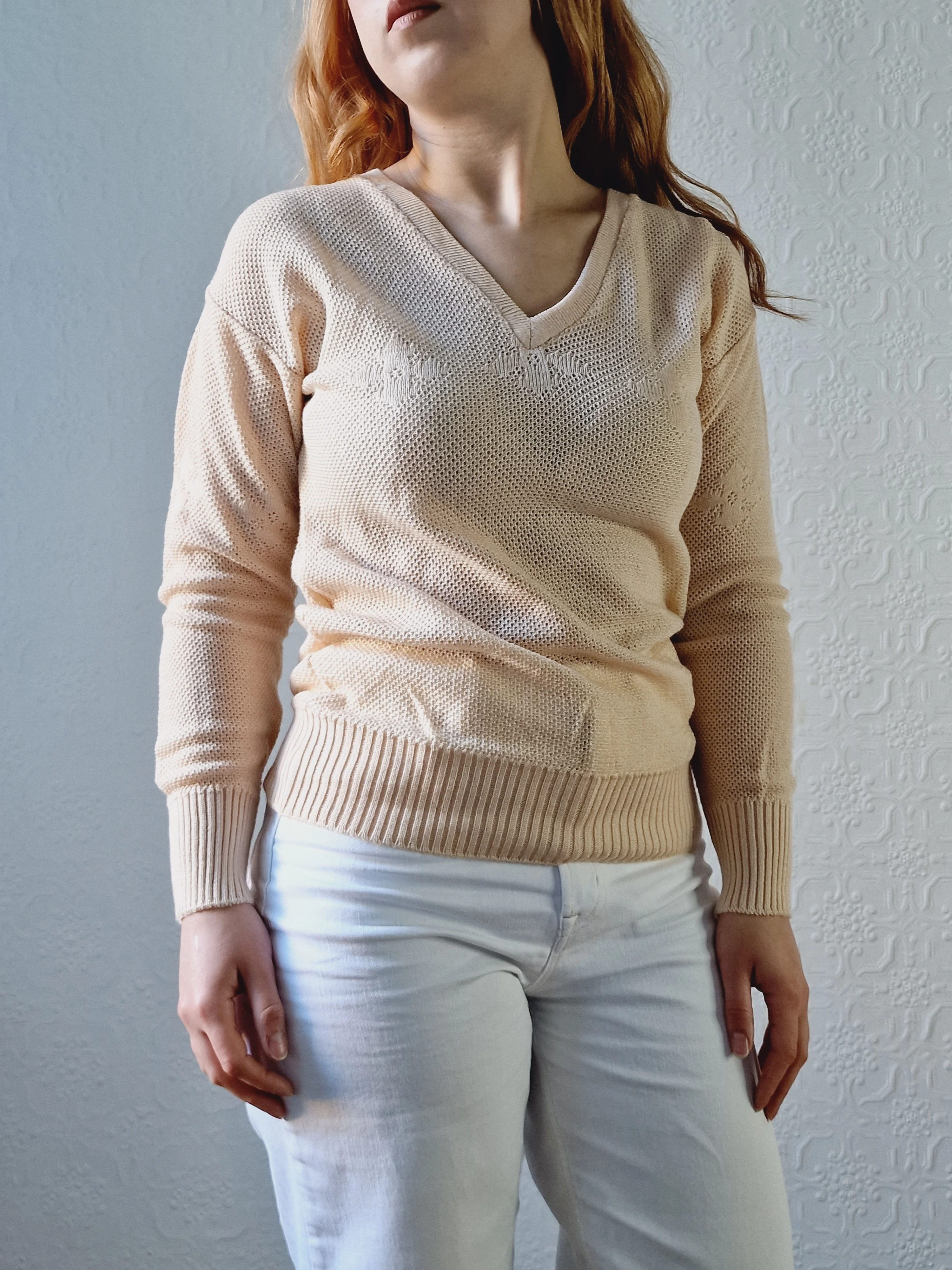 Vintage 70s Light Beige V-Neck Knitted Jumper - XS/S - Image 6