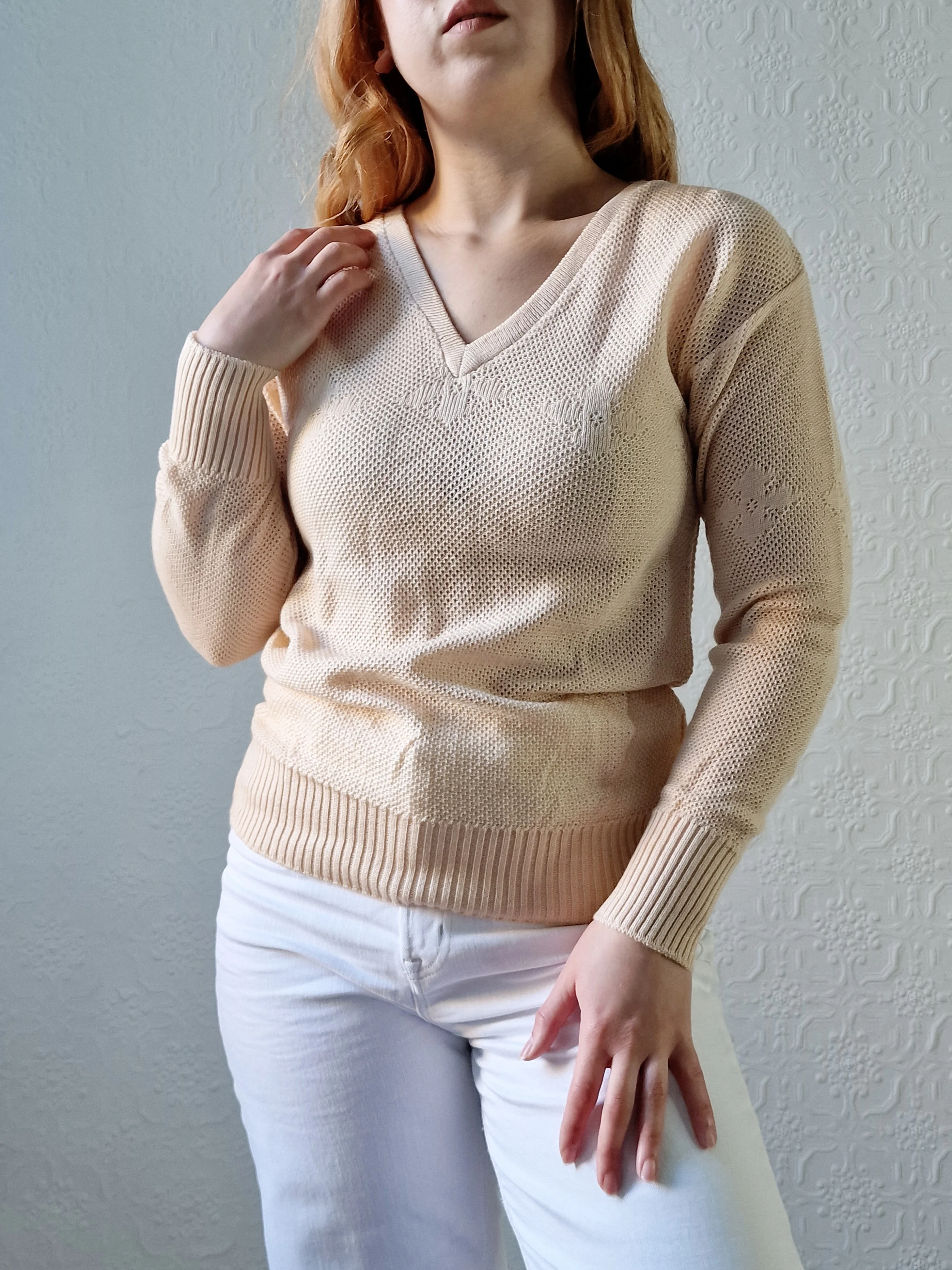 Vintage 70s Light Beige V-Neck Knitted Jumper - XS/S - Image 7
