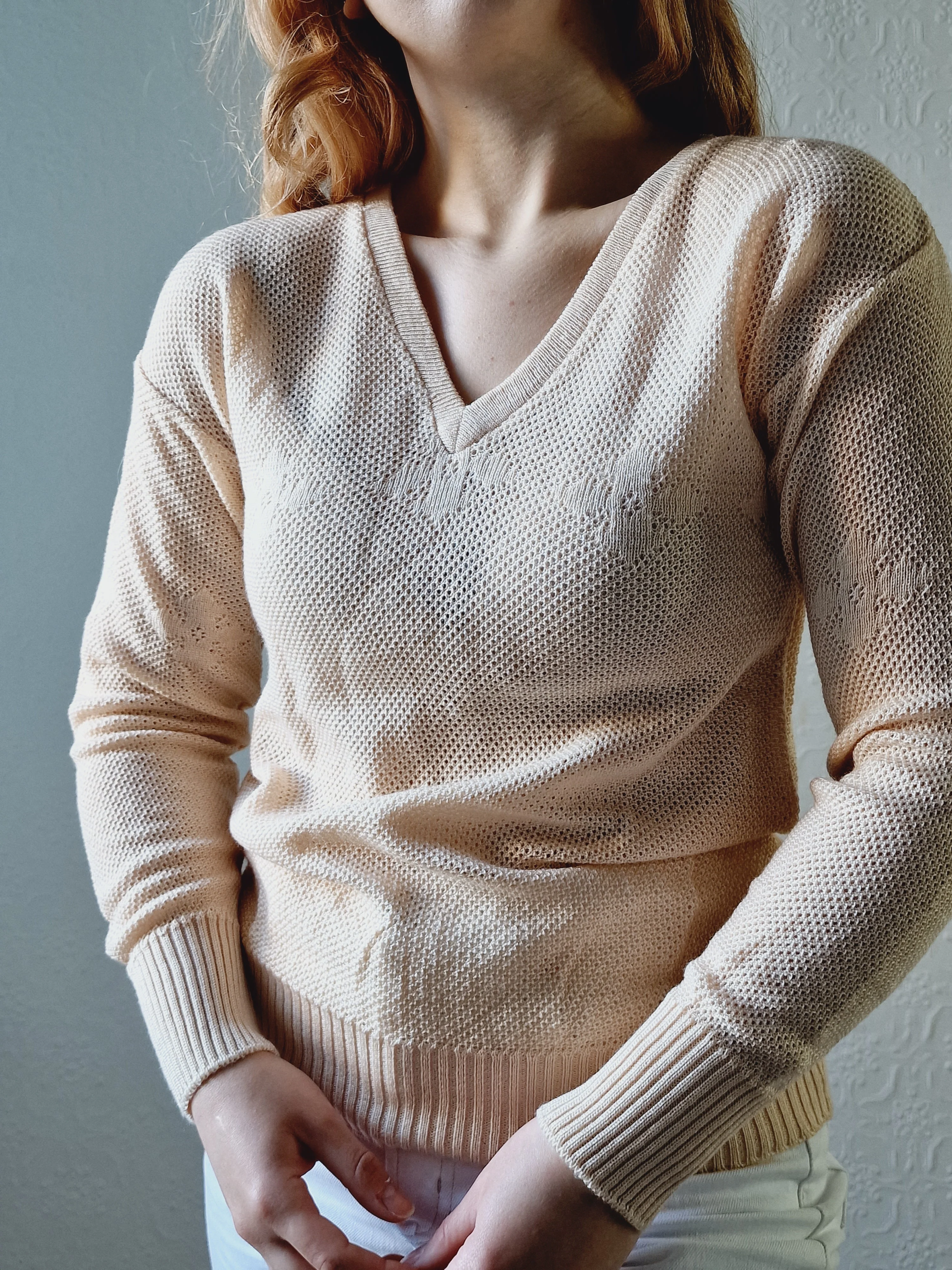 Vintage 70s Light Beige V-Neck Knitted Jumper - XS/S - Image 8