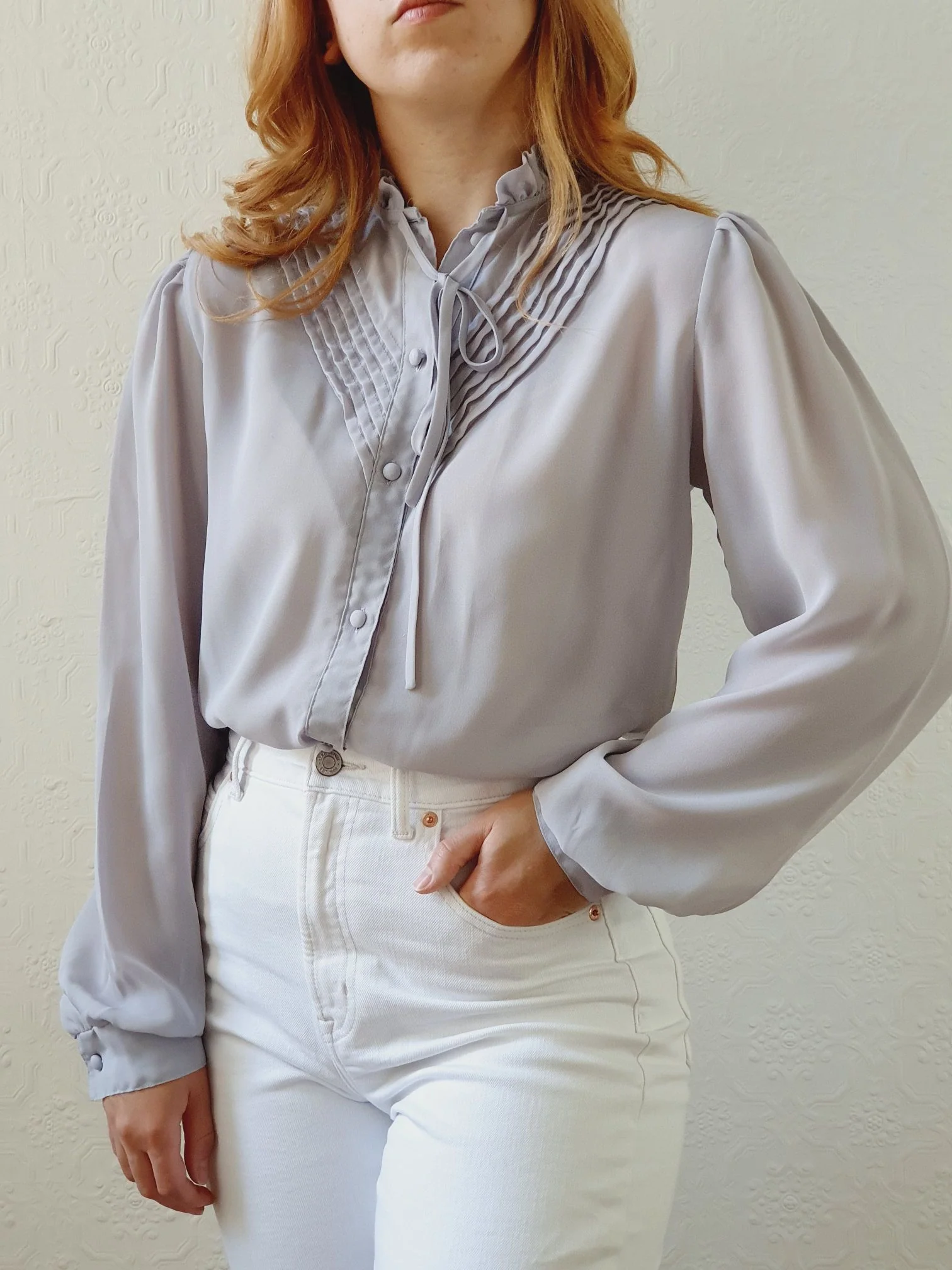 Vintage 70s Light Grey Blouse with Pie Crust Collar - XS/S