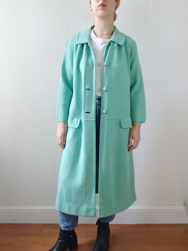 Vintage 70s Mint Green Knitted 100% Wool Coat with 7/8 Sleeves - S/M