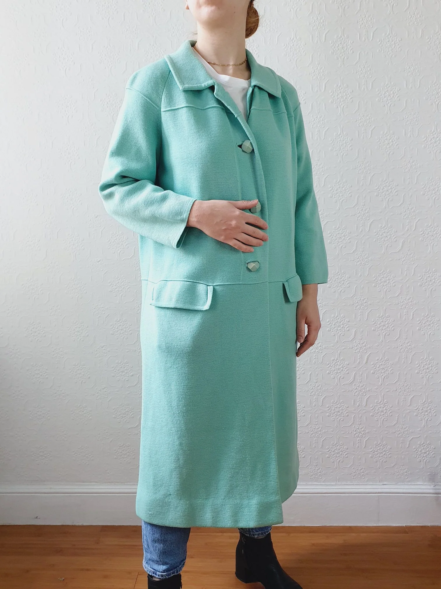 Vintage 70s Mint Green Knitted 100% Wool Coat with 7/8 Sleeves - S/M - Image 10