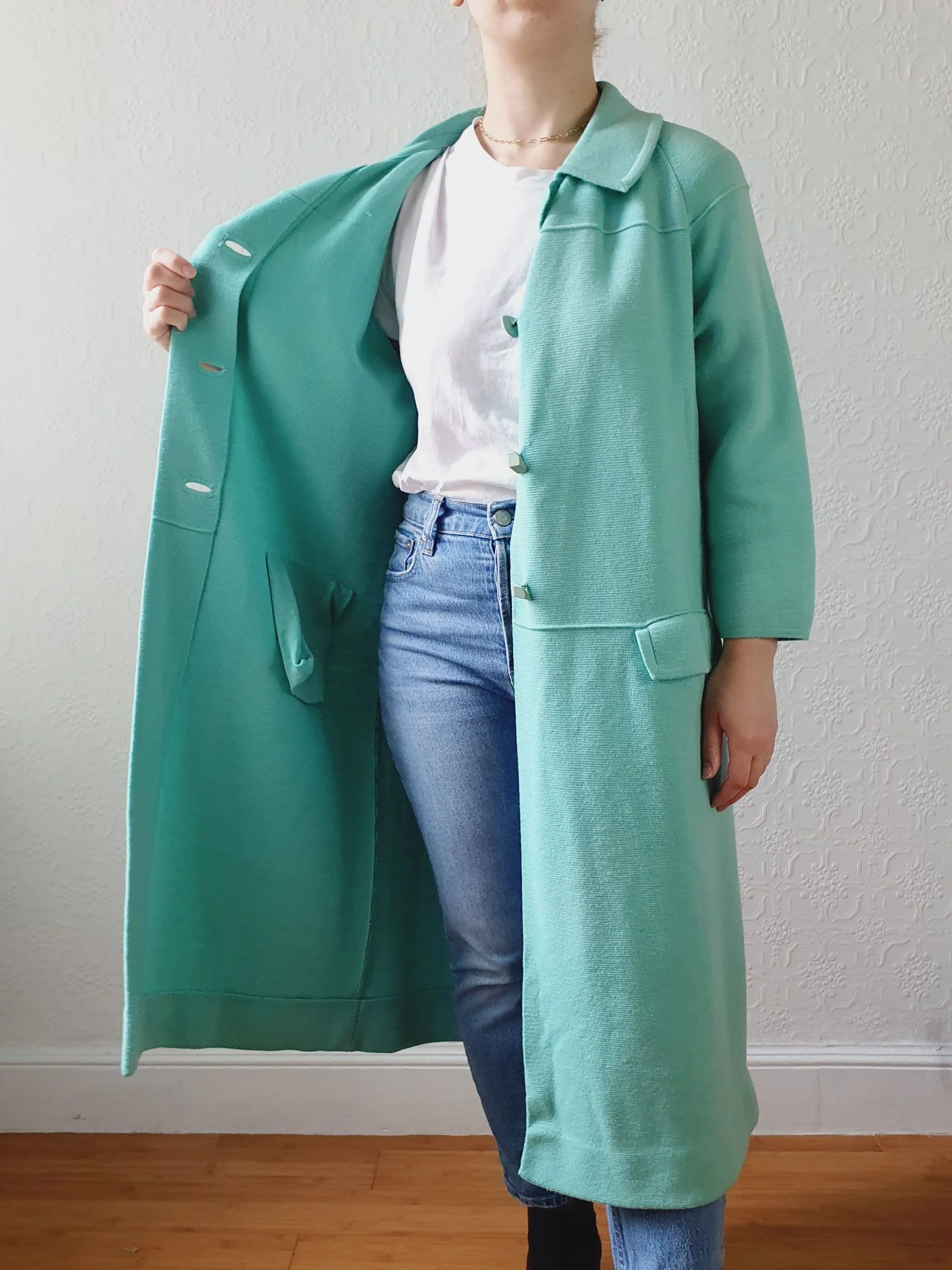 Vintage 70s Mint Green Knitted 100% Wool Coat with 7/8 Sleeves - S/M - Image 14