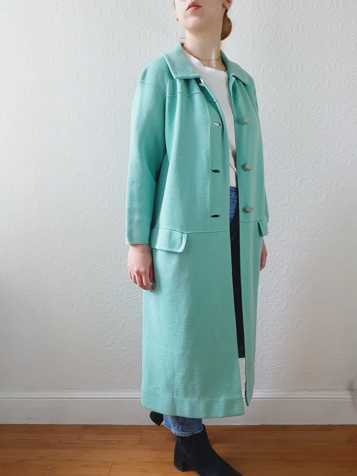 Vintage 70s Mint Green Knitted 100% Wool Coat with 7/8 Sleeves - S/M - Image 2