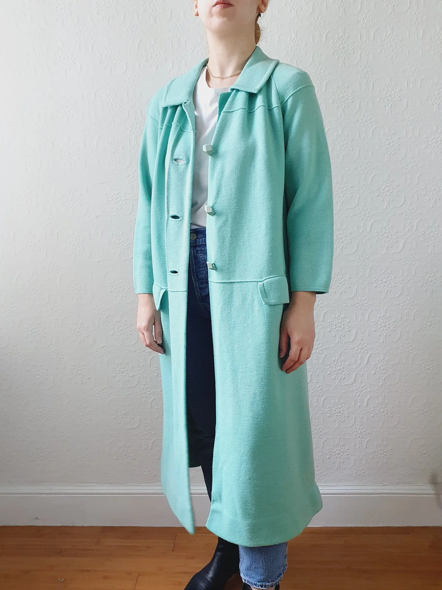 Vintage 70s Mint Green Knitted 100% Wool Coat with 7/8 Sleeves - S/M - Image 3