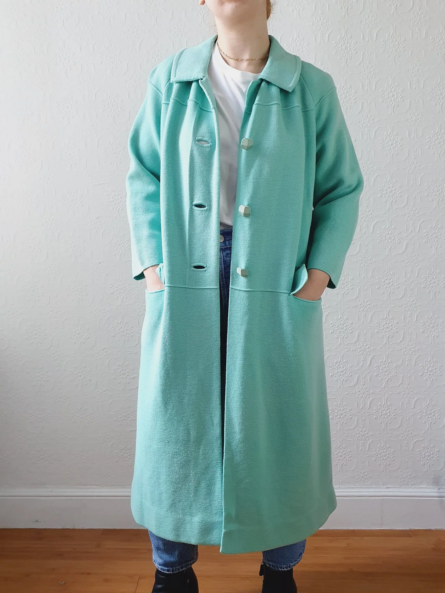 Vintage 70s Mint Green Knitted 100% Wool Coat with 7/8 Sleeves - S/M - Image 4