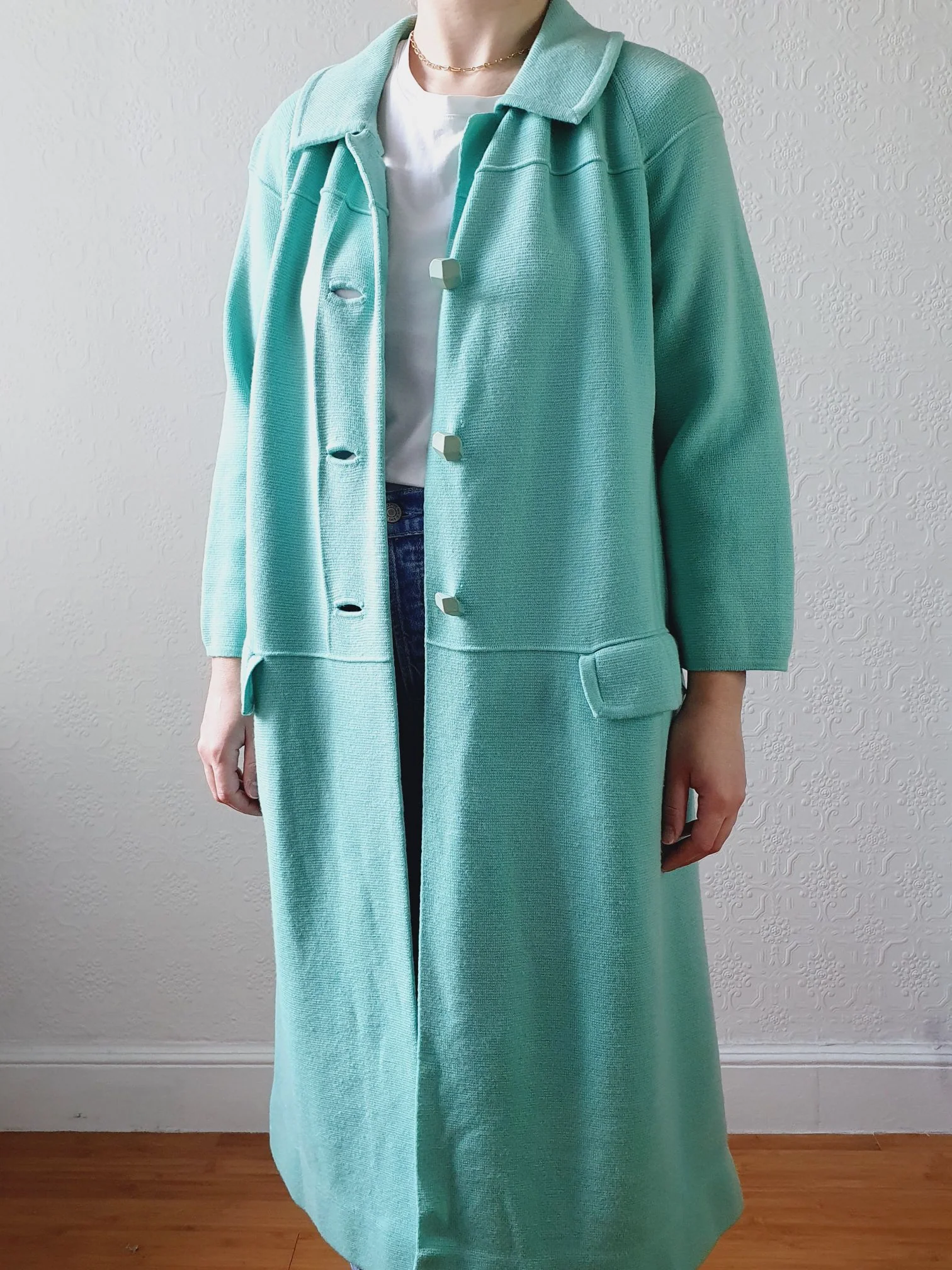 Vintage 70s Mint Green Knitted 100% Wool Coat with 7/8 Sleeves - S/M - Image 5
