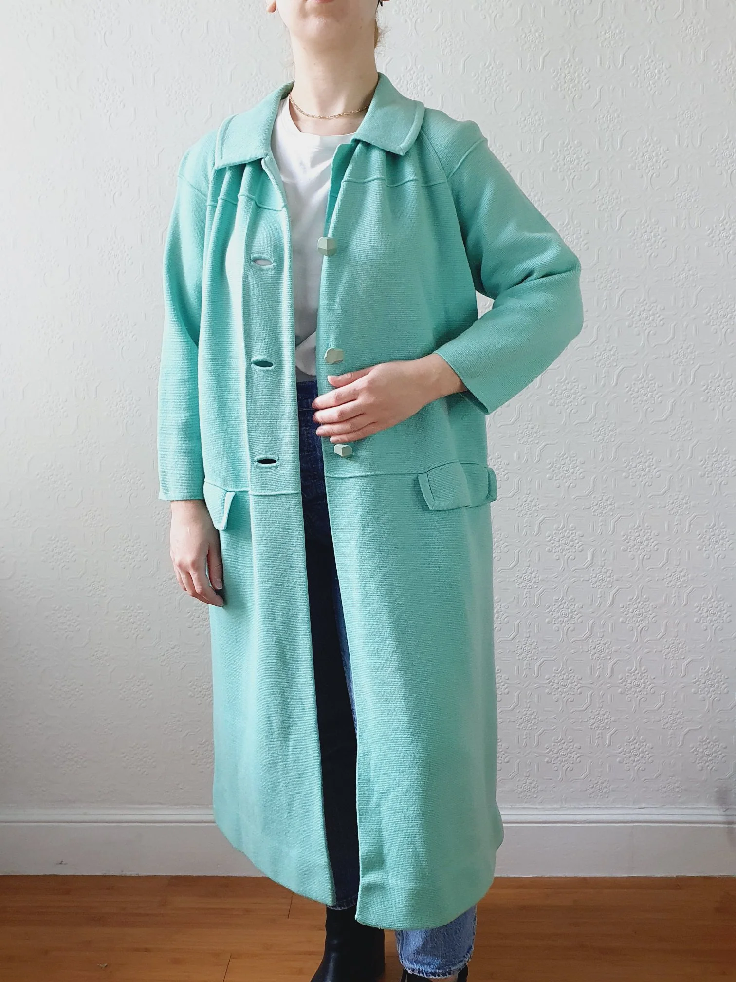 Vintage 70s Mint Green Knitted 100% Wool Coat with 7/8 Sleeves - S/M - Image 7