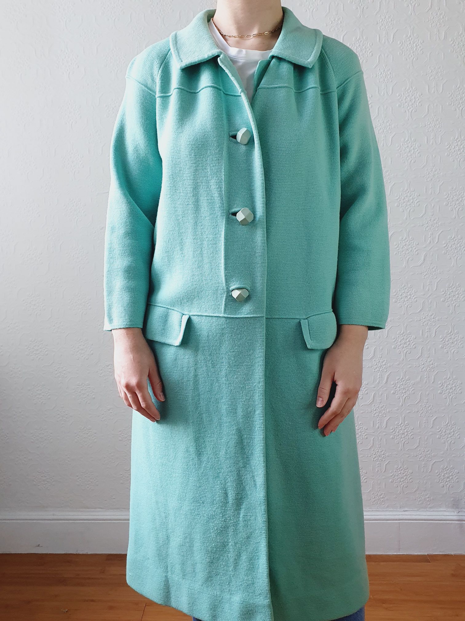 Vintage 70s Mint Green Knitted 100% Wool Coat with 7/8 Sleeves - S/M - Image 9