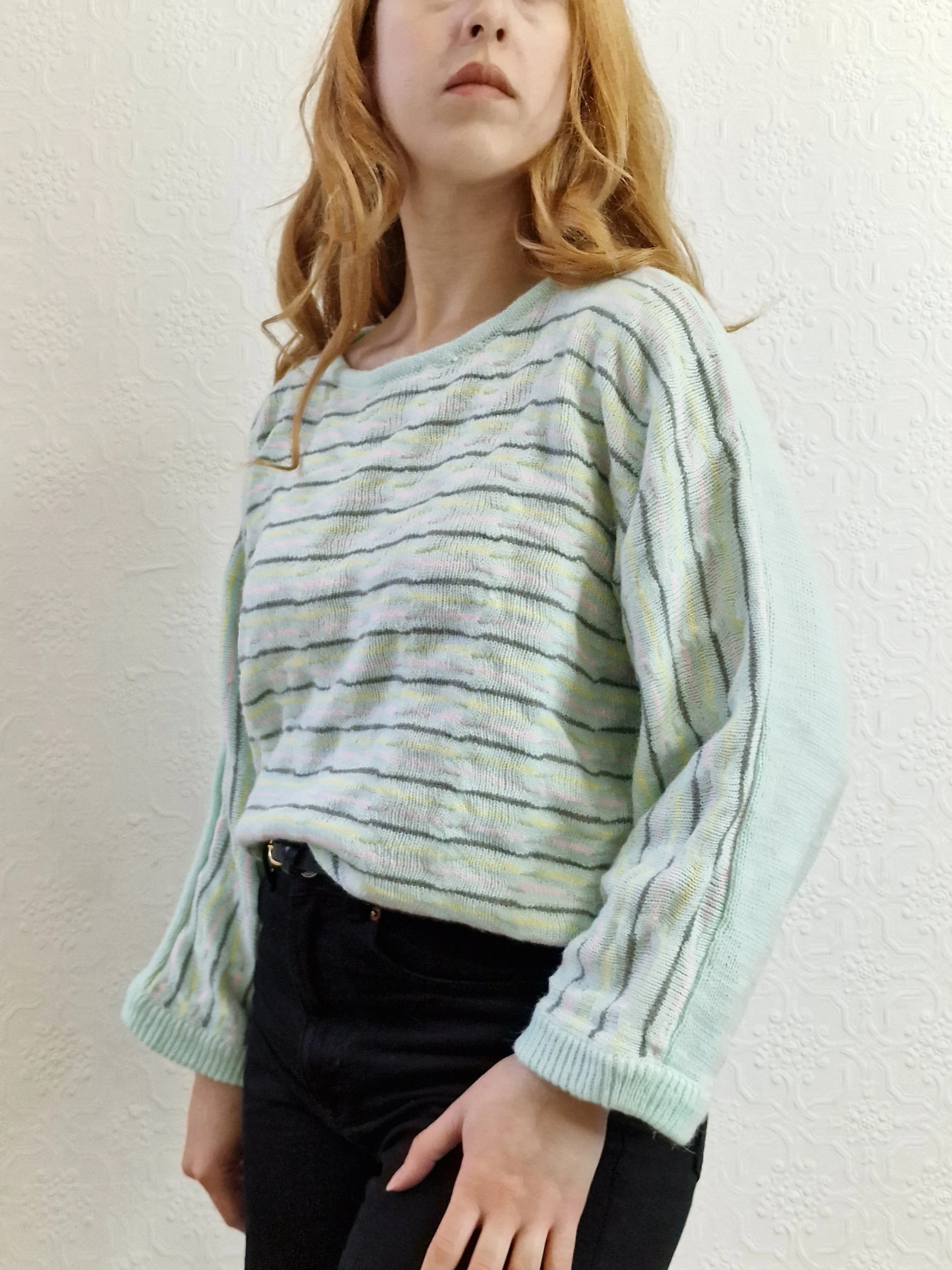 Vintage 70s Mint Striped Textured Jumper with Boat Neck - M - Image 2
