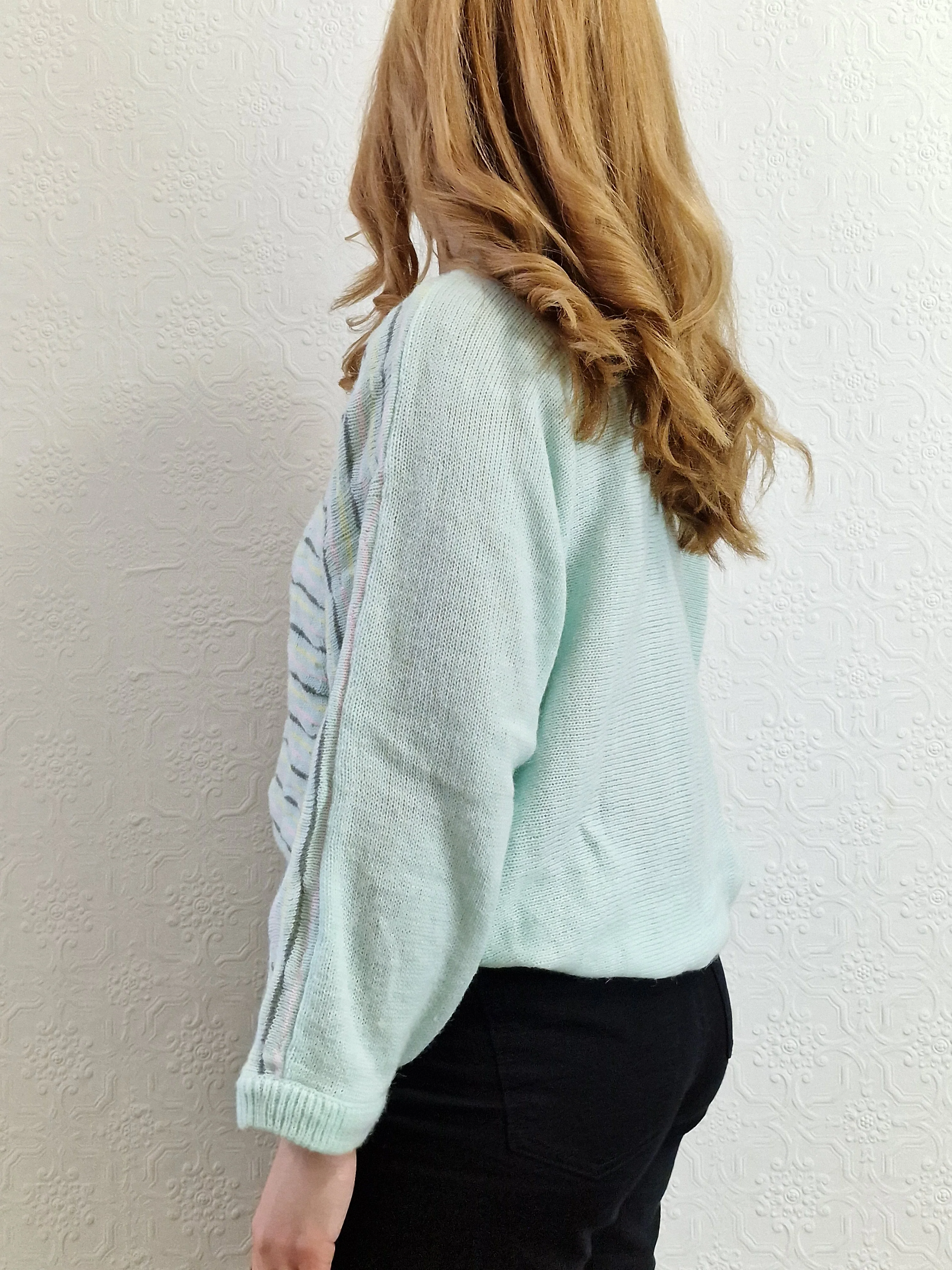 Vintage 70s Mint Striped Textured Jumper with Boat Neck - M - Image 3