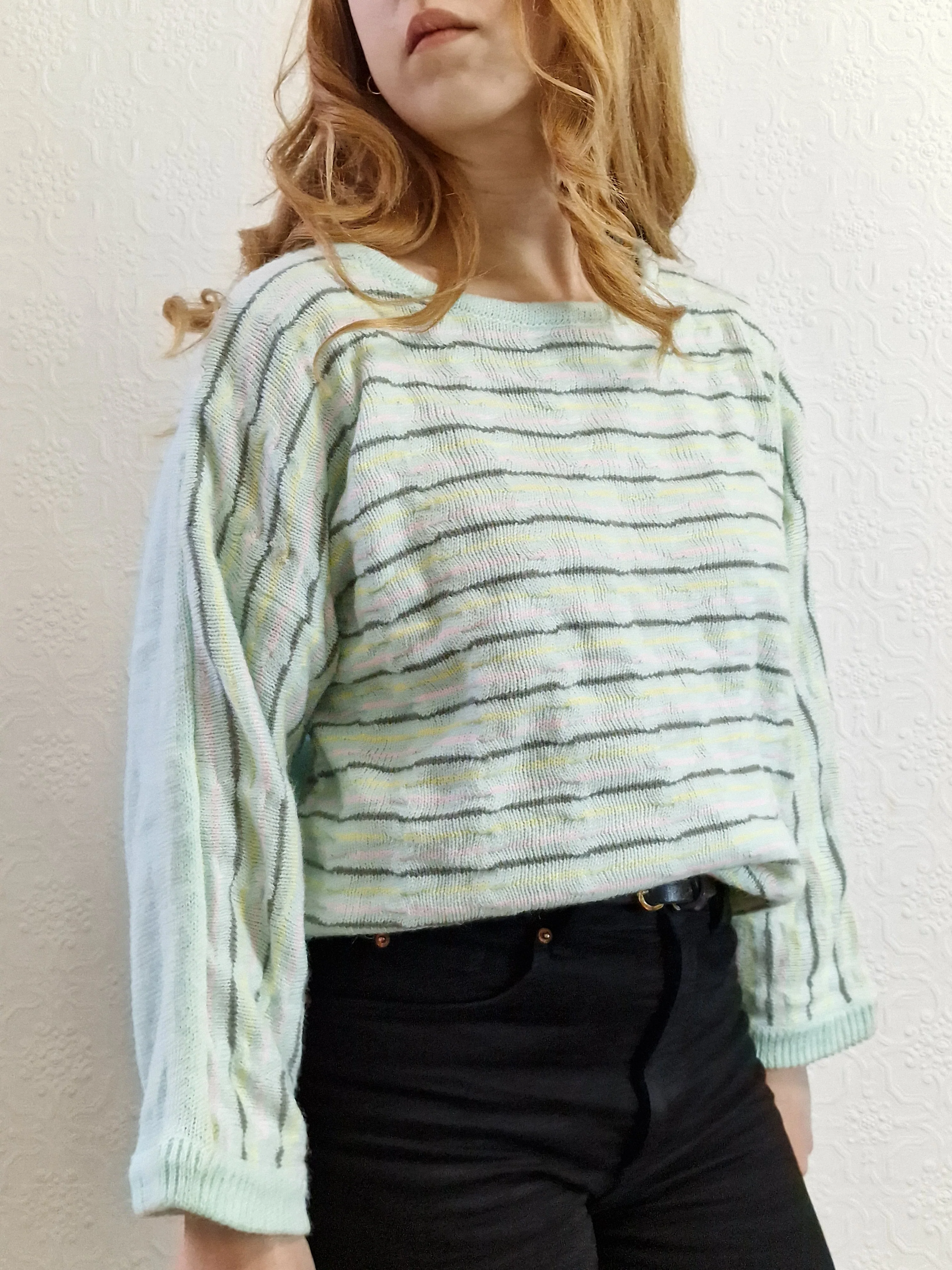 Vintage 70s Mint Striped Textured Jumper with Boat Neck - M - Image 4