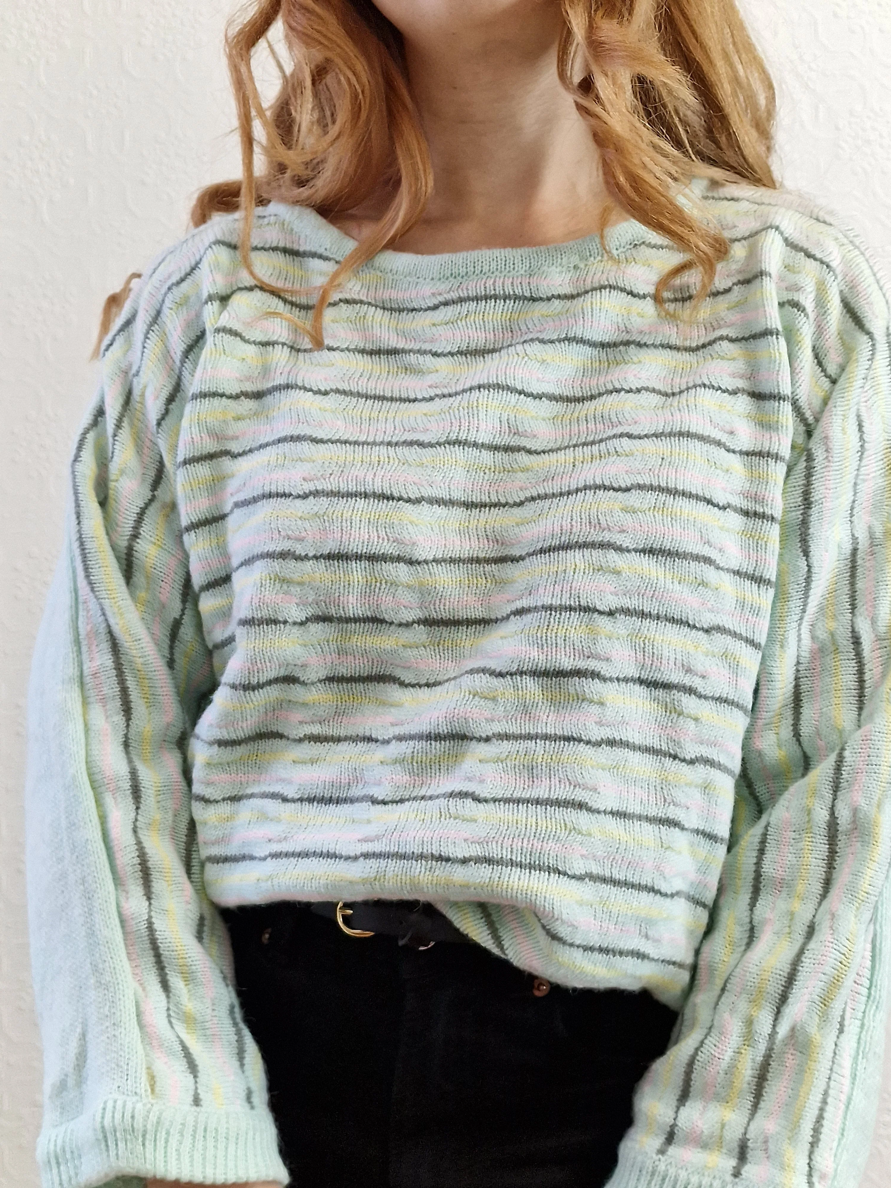 Vintage 70s Mint Striped Textured Jumper with Boat Neck - M - Image 5