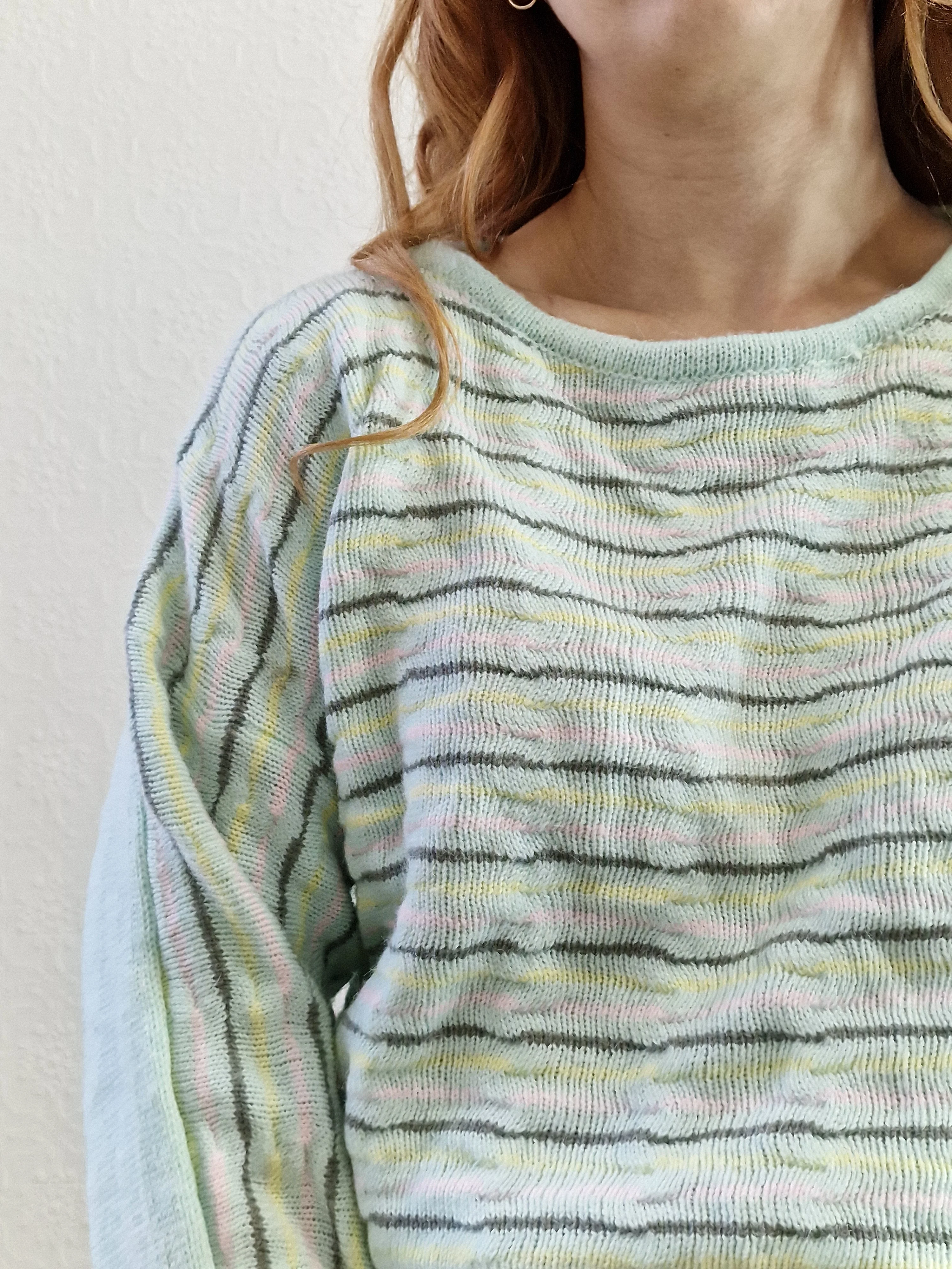 Vintage 70s Mint Striped Textured Jumper with Boat Neck - M - Image 6