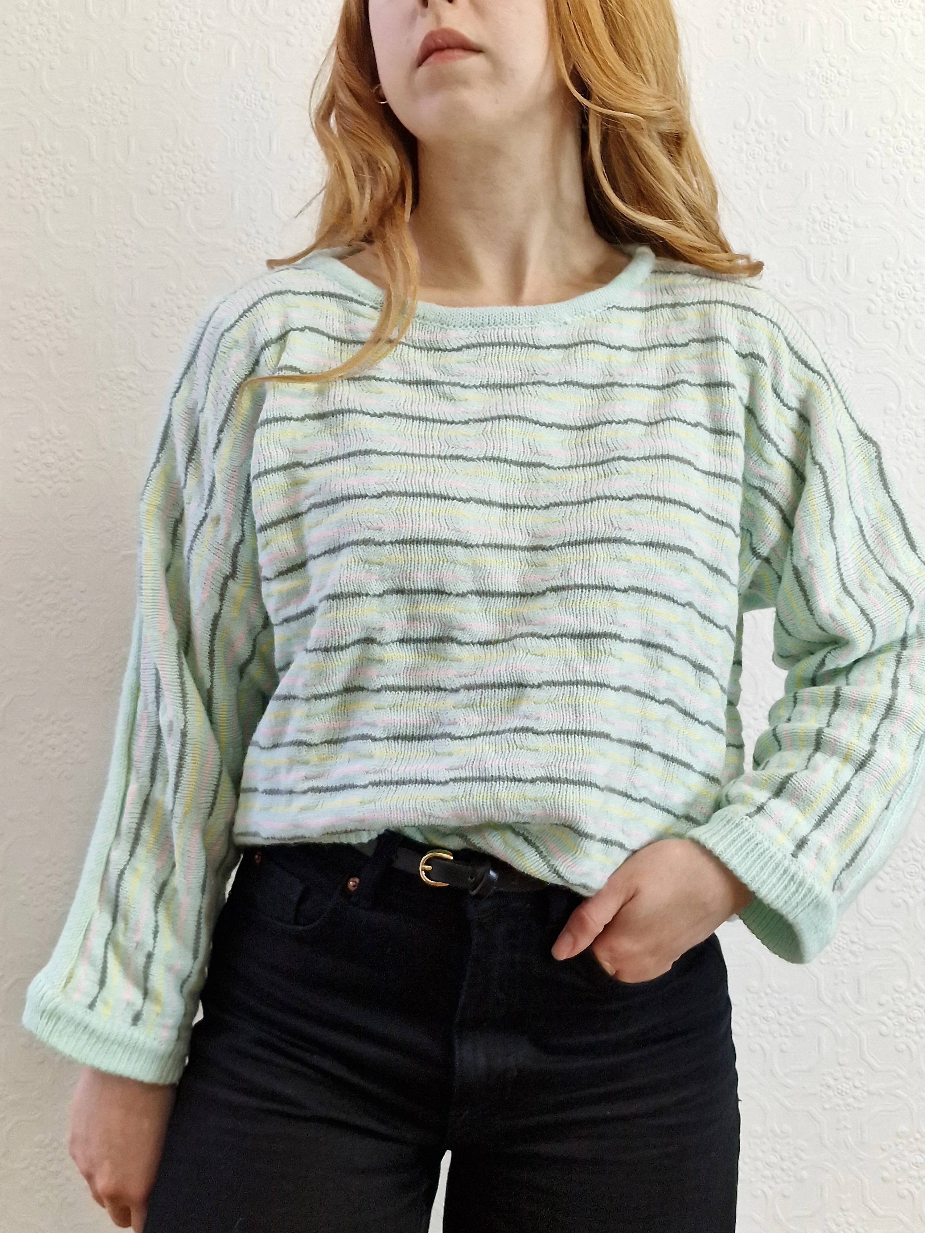 Vintage 70s Mint Striped Textured Jumper with Boat Neck - M - Image 7