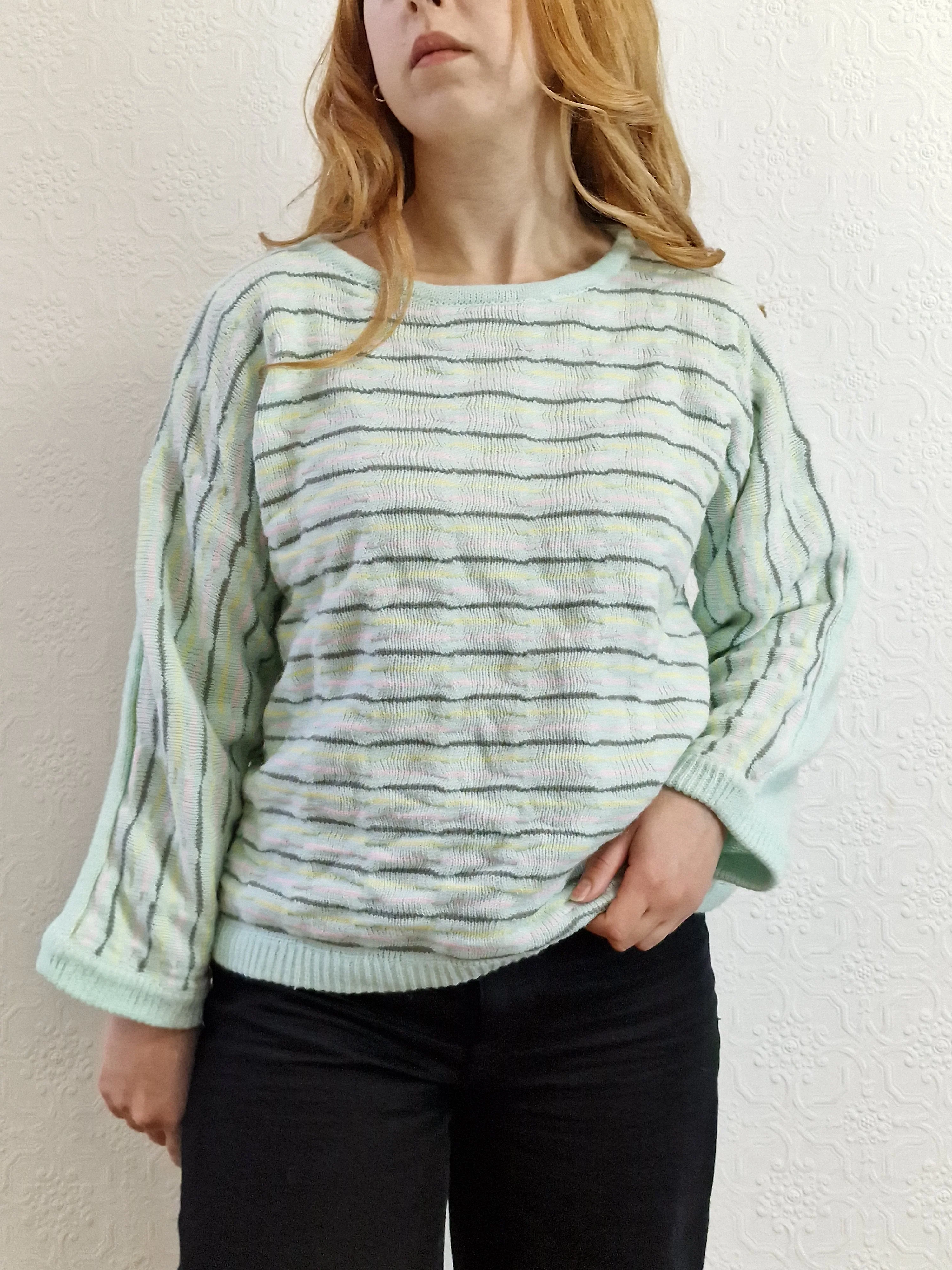 Vintage 70s Mint Striped Textured Jumper with Boat Neck - M - Image 8