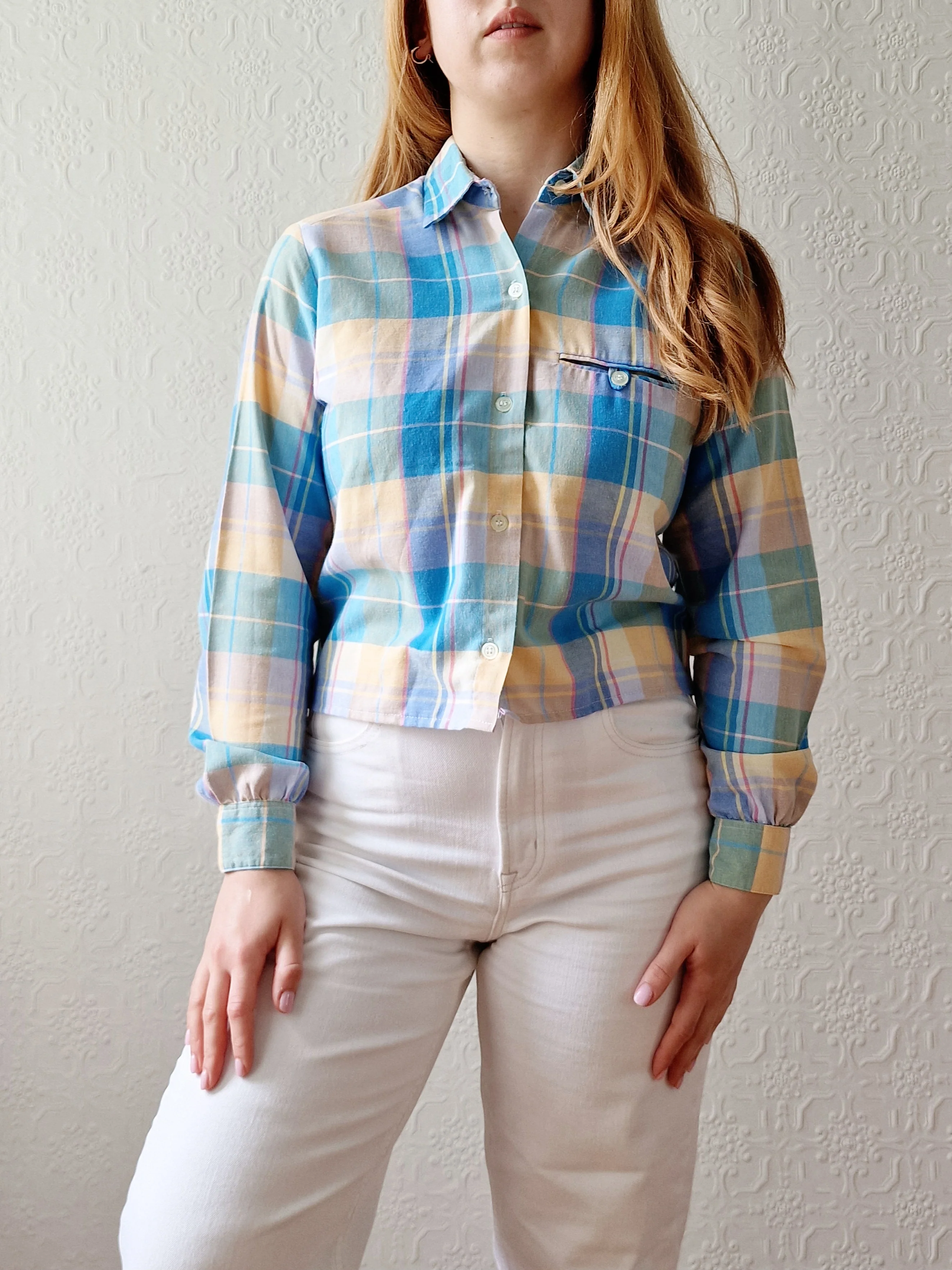 Vintage 70s Multicoloured Pastel Check Cropped Shirt Top with Long Sleeves - XS - Image 2