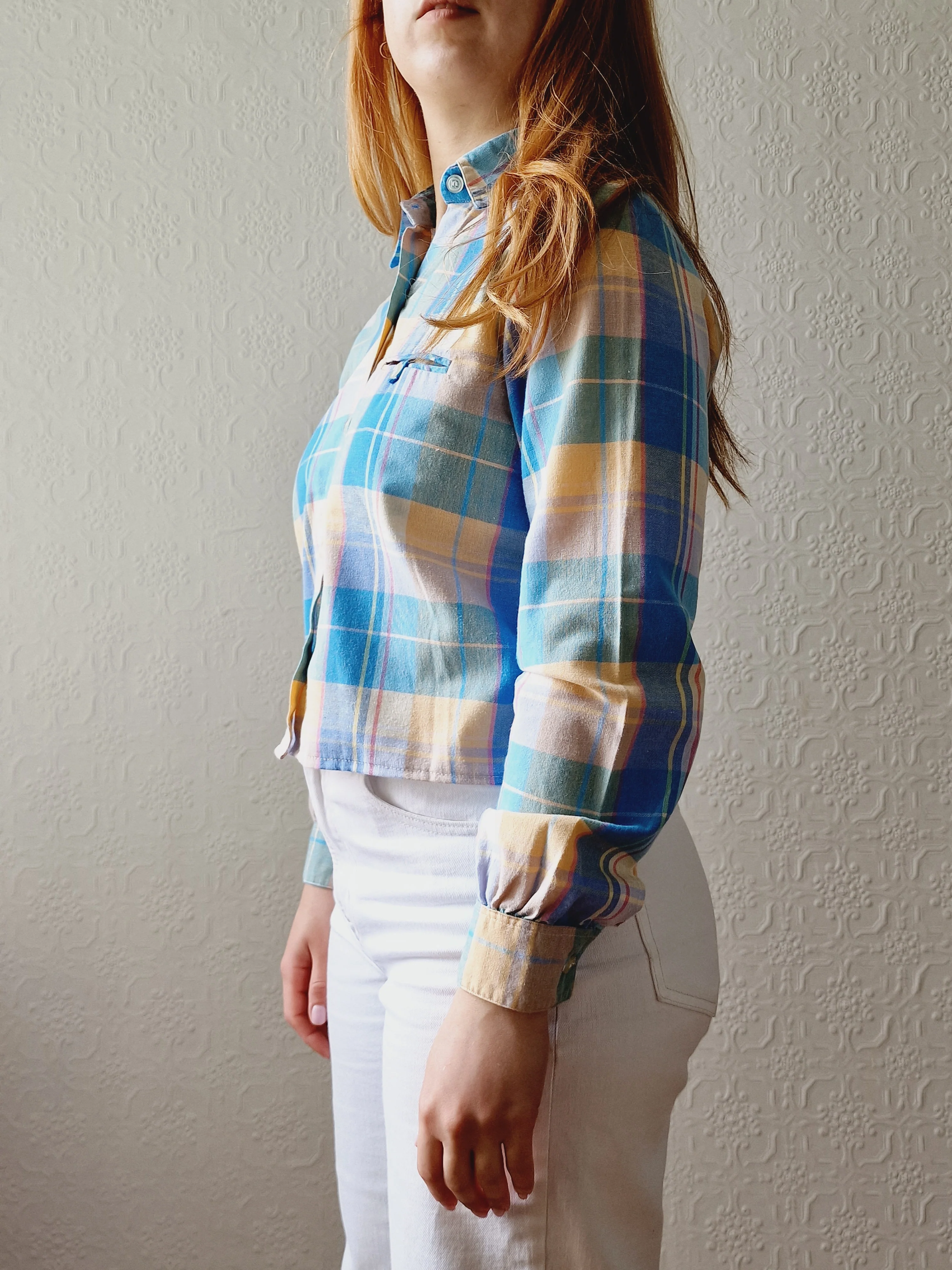 Vintage 70s Multicoloured Pastel Check Cropped Shirt Top with Long Sleeves - XS - Image 3