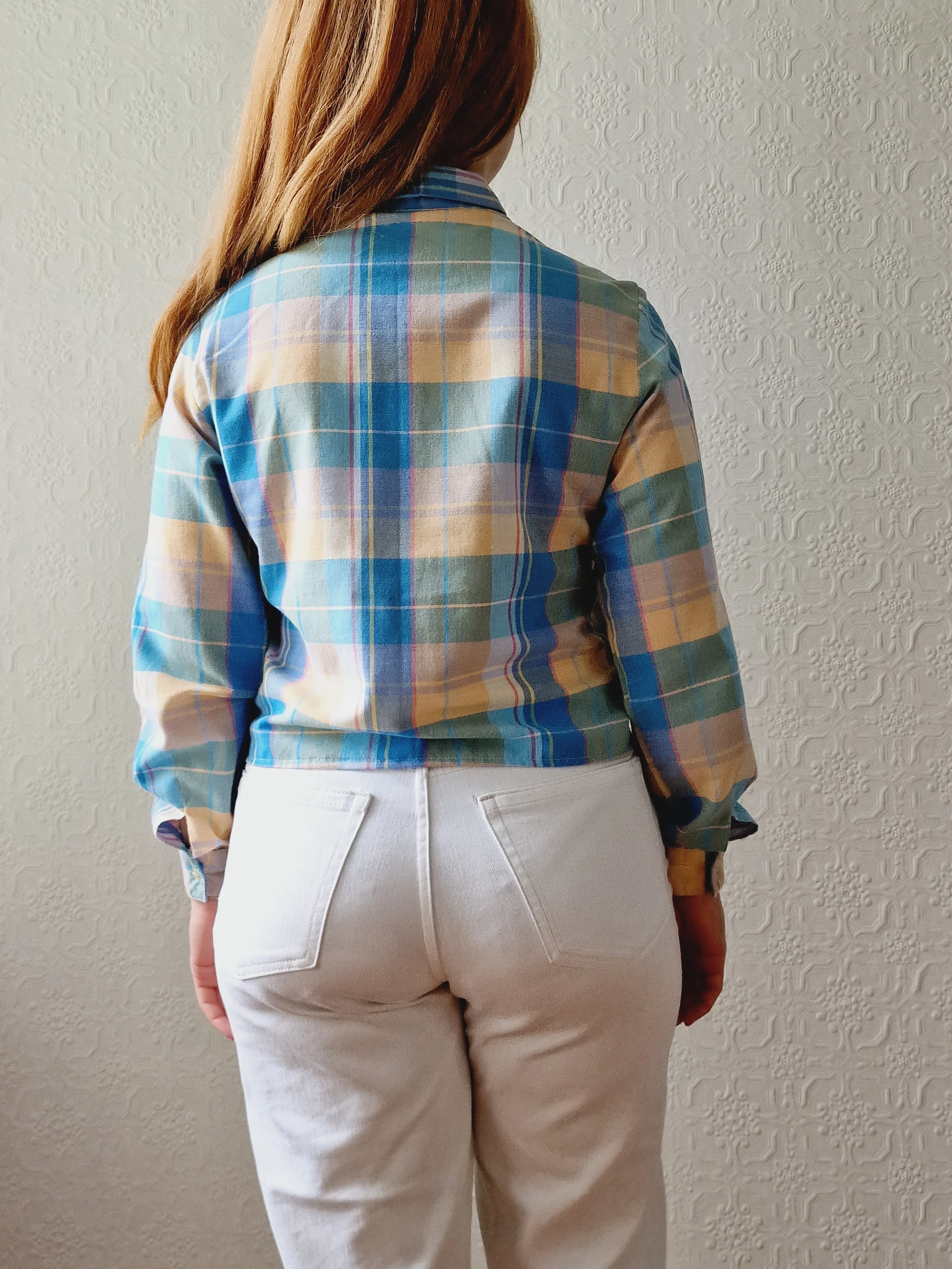 Vintage 70s Multicoloured Pastel Check Cropped Shirt Top with Long Sleeves - XS - Image 4