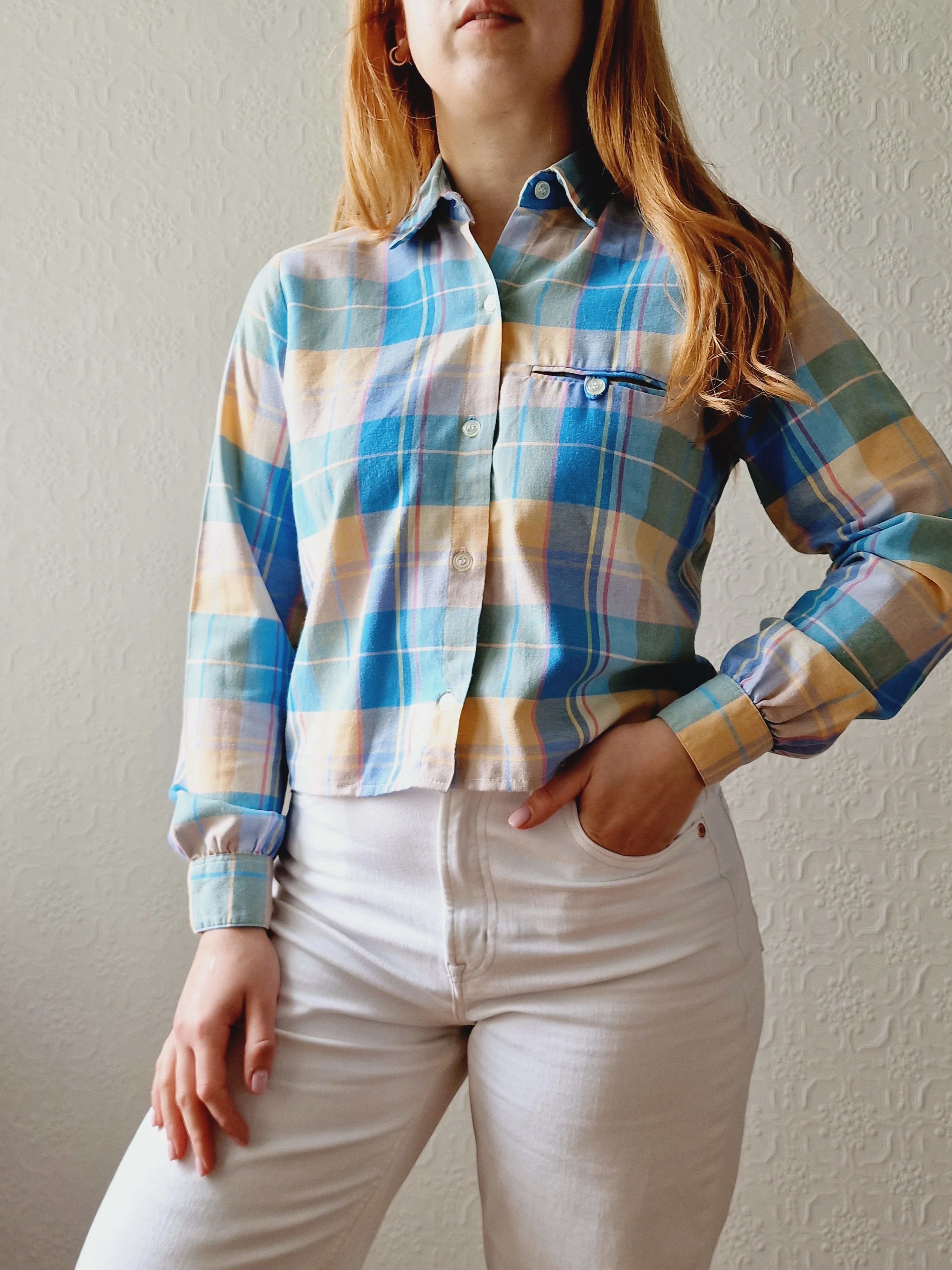 Vintage 70s Multicoloured Pastel Check Cropped Shirt Top with Long Sleeves - XS - Image 5