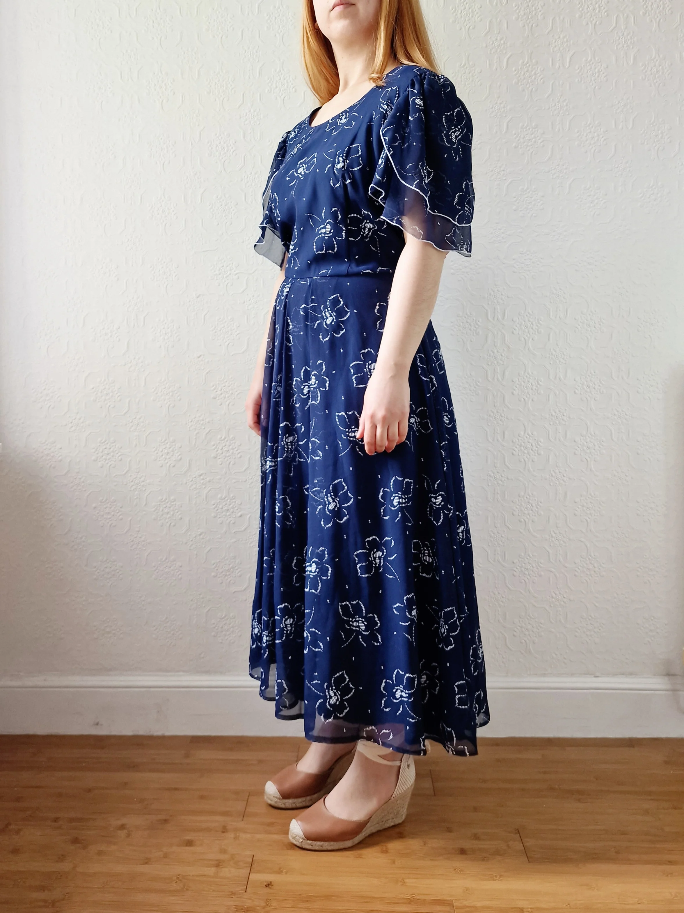 Vintage 70s Navy Blue Floral Midi Shift Dress - L - Image 3