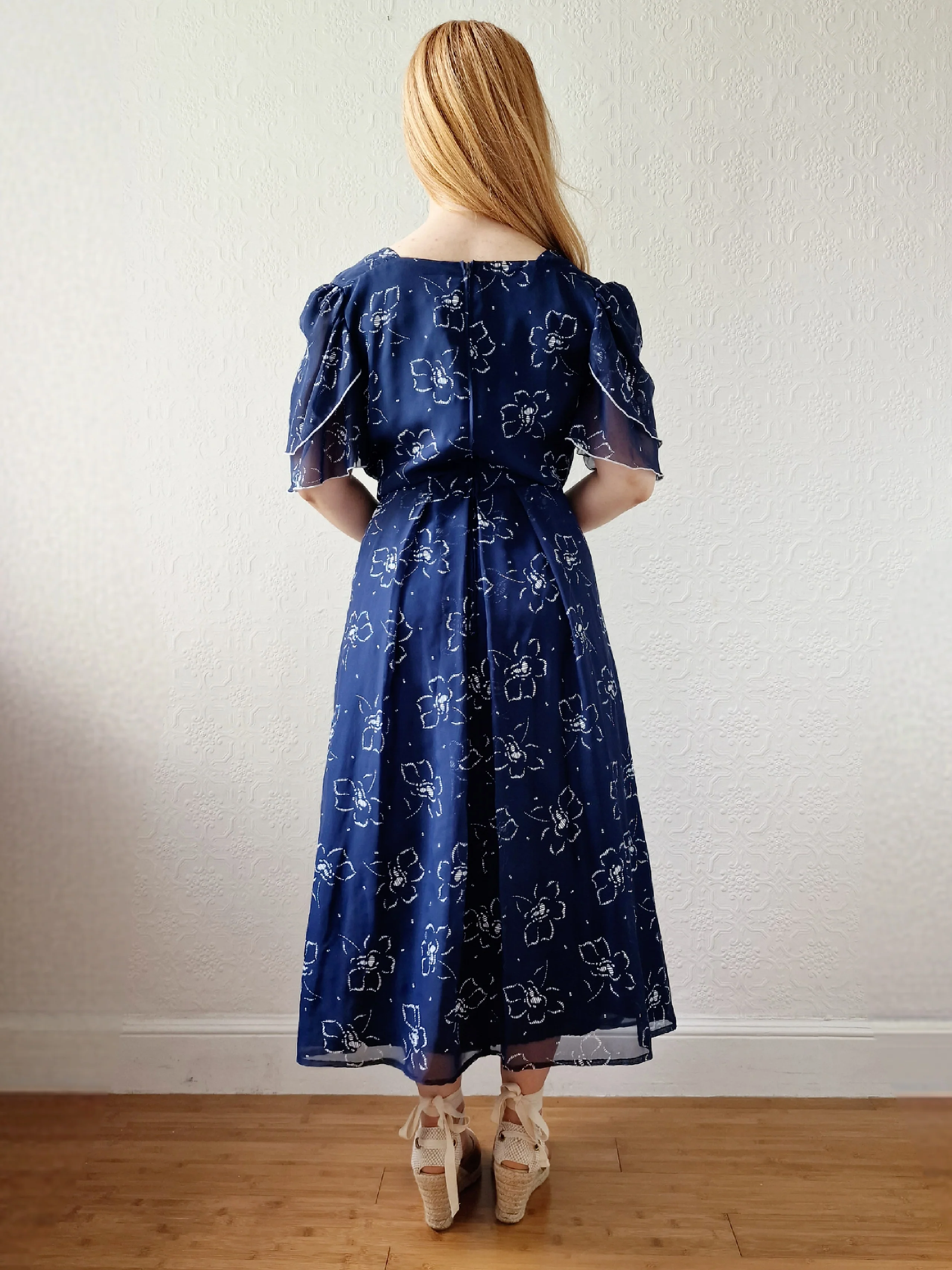 Vintage 70s Navy Blue Floral Midi Shift Dress - L - Image 5