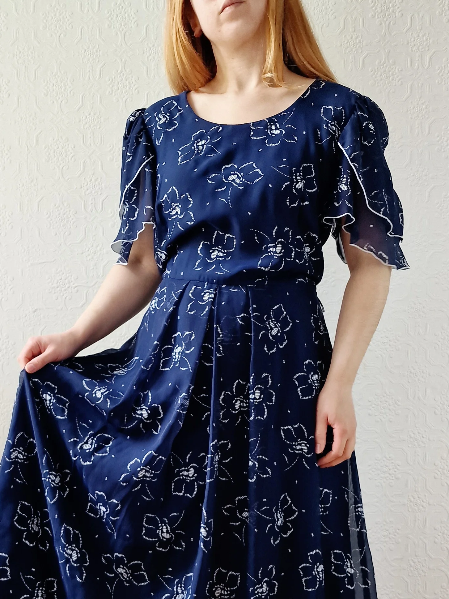 Vintage 70s Navy Blue Floral Midi Shift Dress - L - Image 6