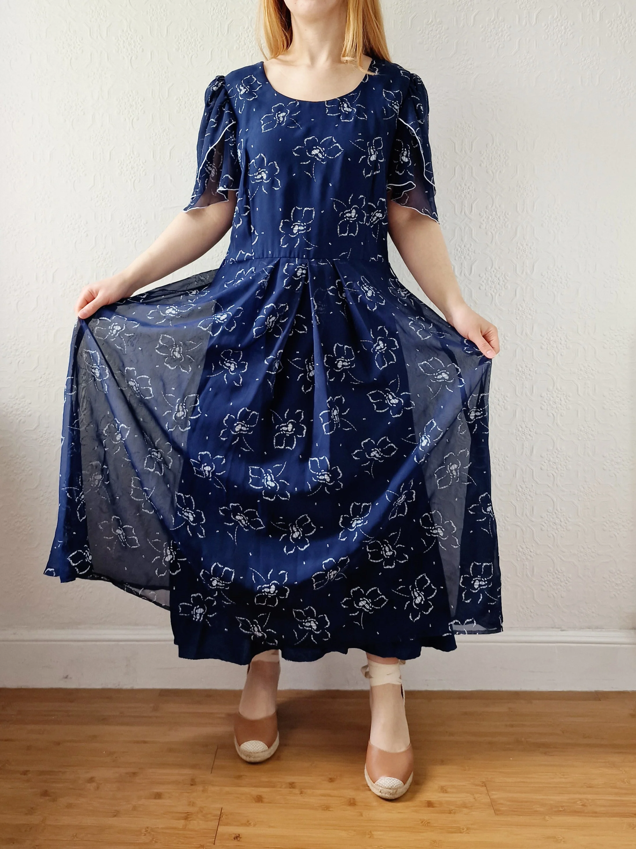 Vintage 70s Navy Blue Floral Midi Shift Dress - L - Image 7