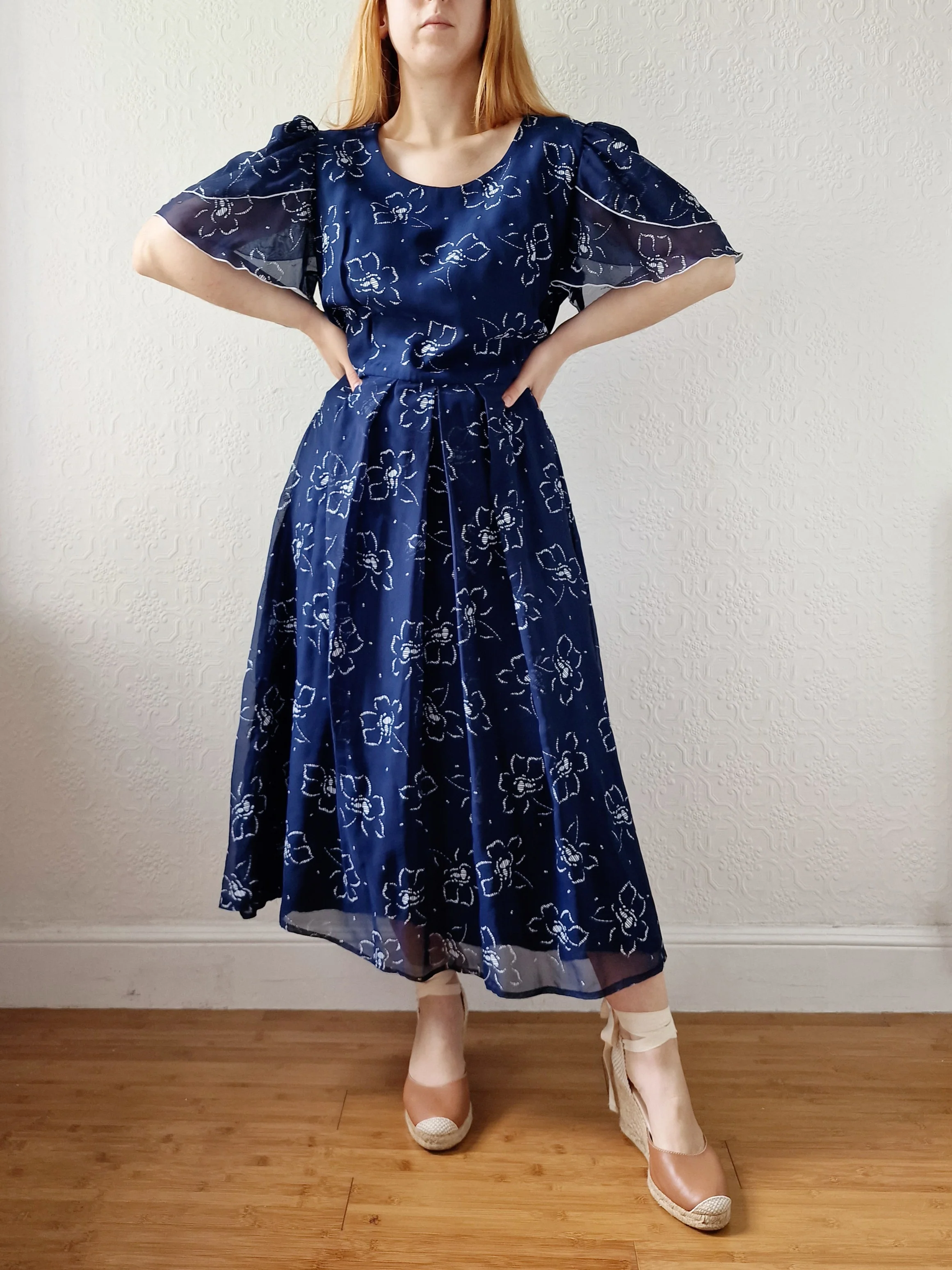 Vintage 70s Navy Blue Floral Midi Shift Dress - L - Image 8