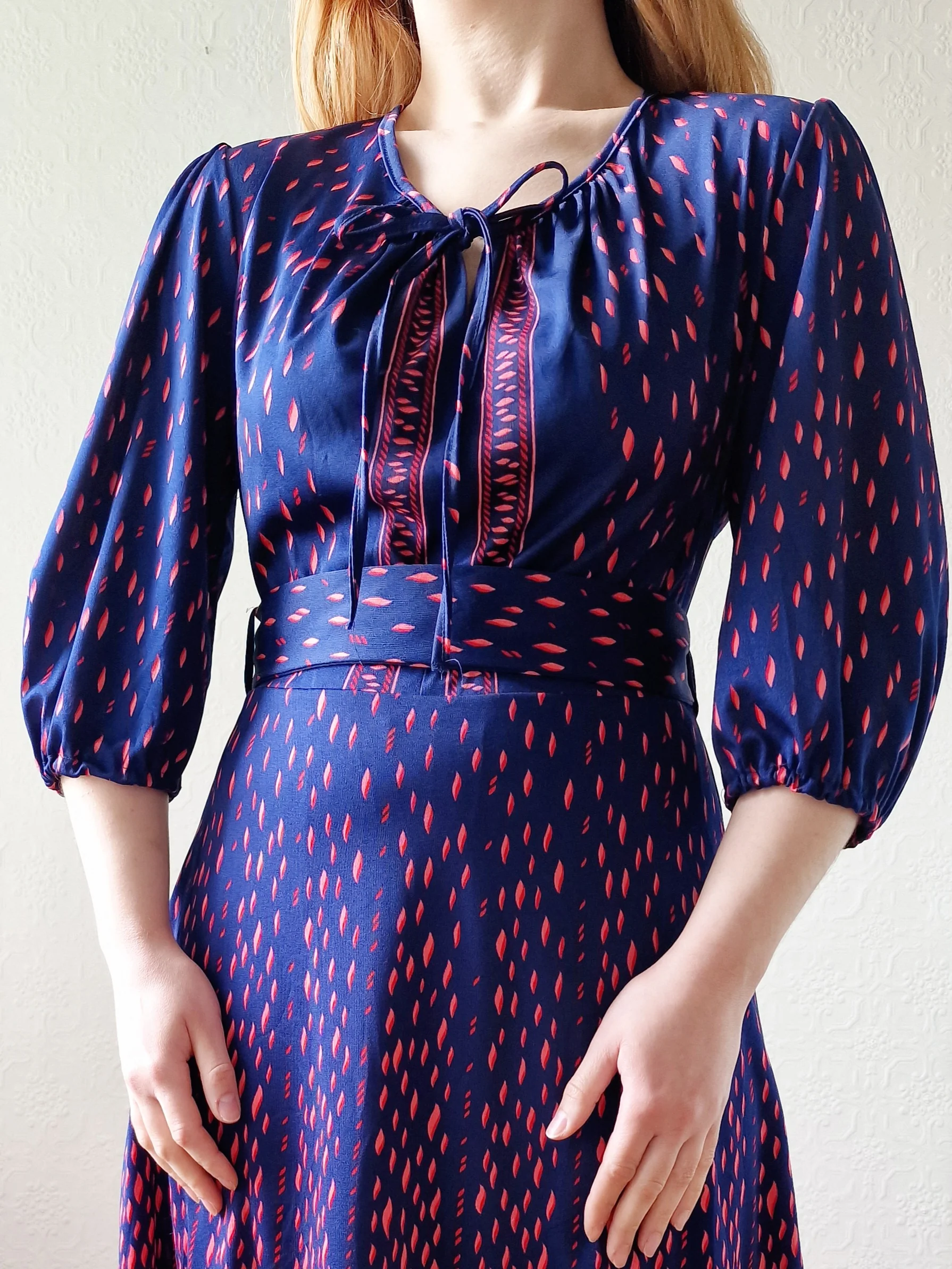 Vintage 70s Navy Blue Midi Dress with Puff Sleeves - S/M - Image 2