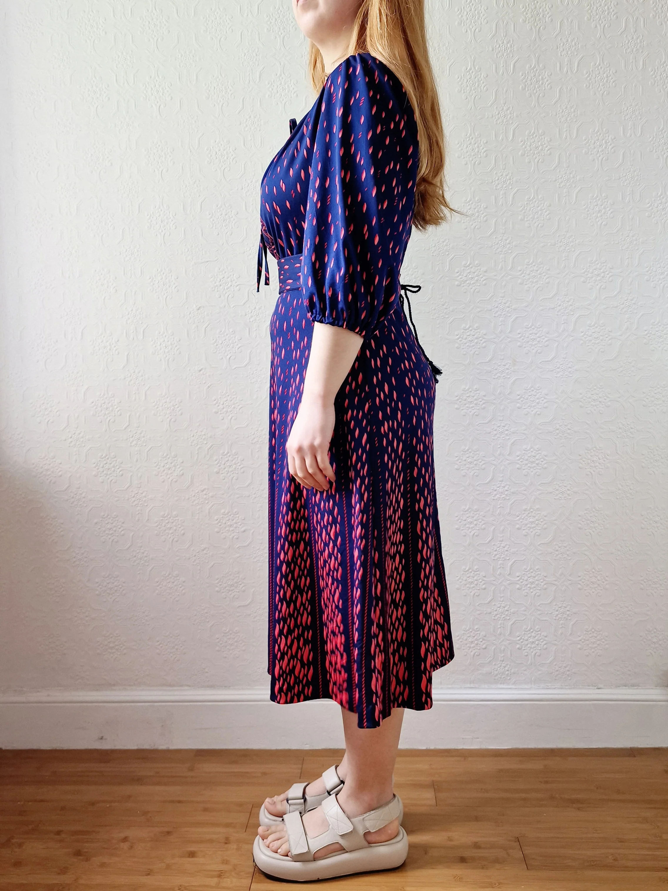 Vintage 70s Navy Blue Midi Dress with Puff Sleeves - S/M - Image 3