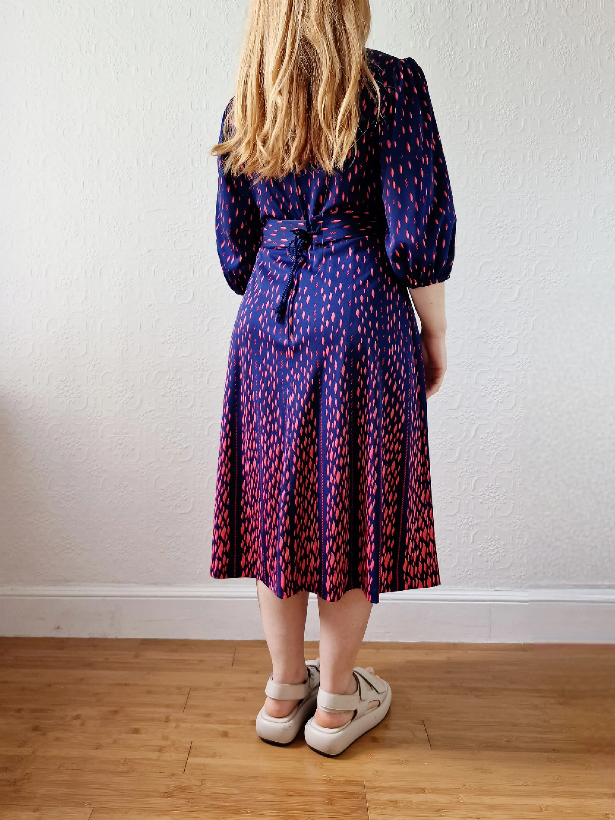 Vintage 70s Navy Blue Midi Dress with Puff Sleeves - S/M - Image 4