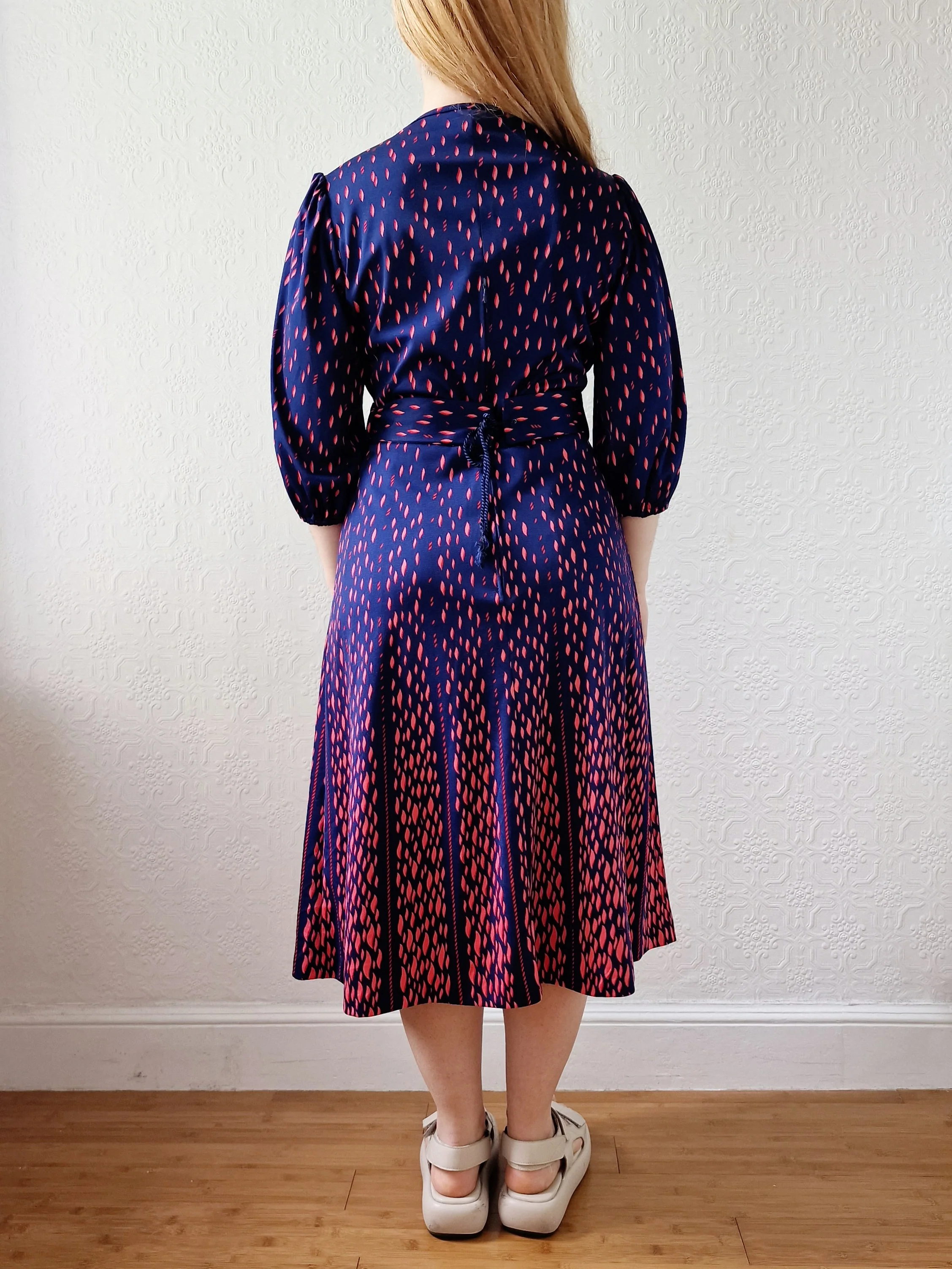 Vintage 70s Navy Blue Midi Dress with Puff Sleeves - S/M - Image 5