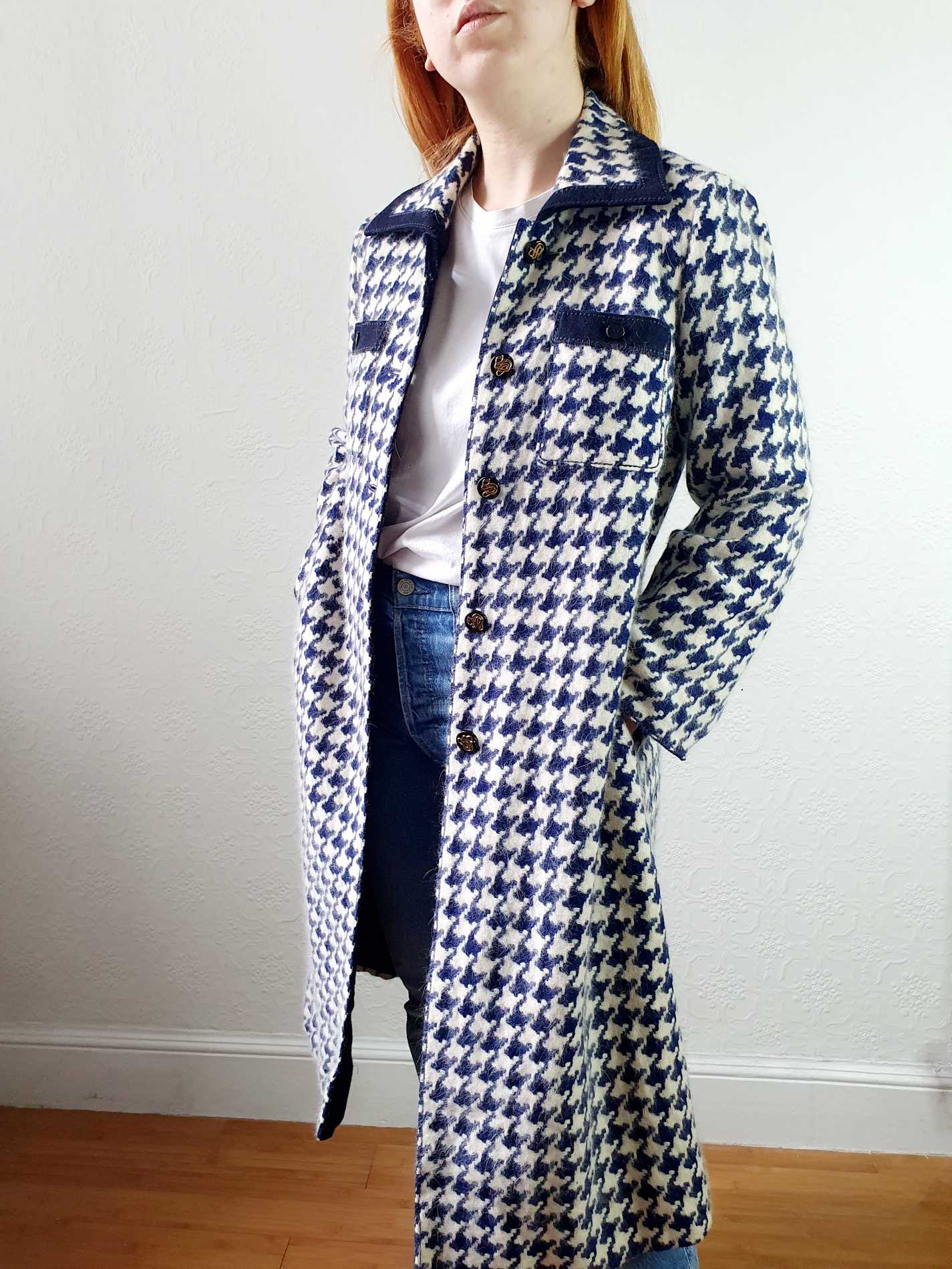 Vintage 70s Navy Houndstooth Angora & Wool Coat - XS/S