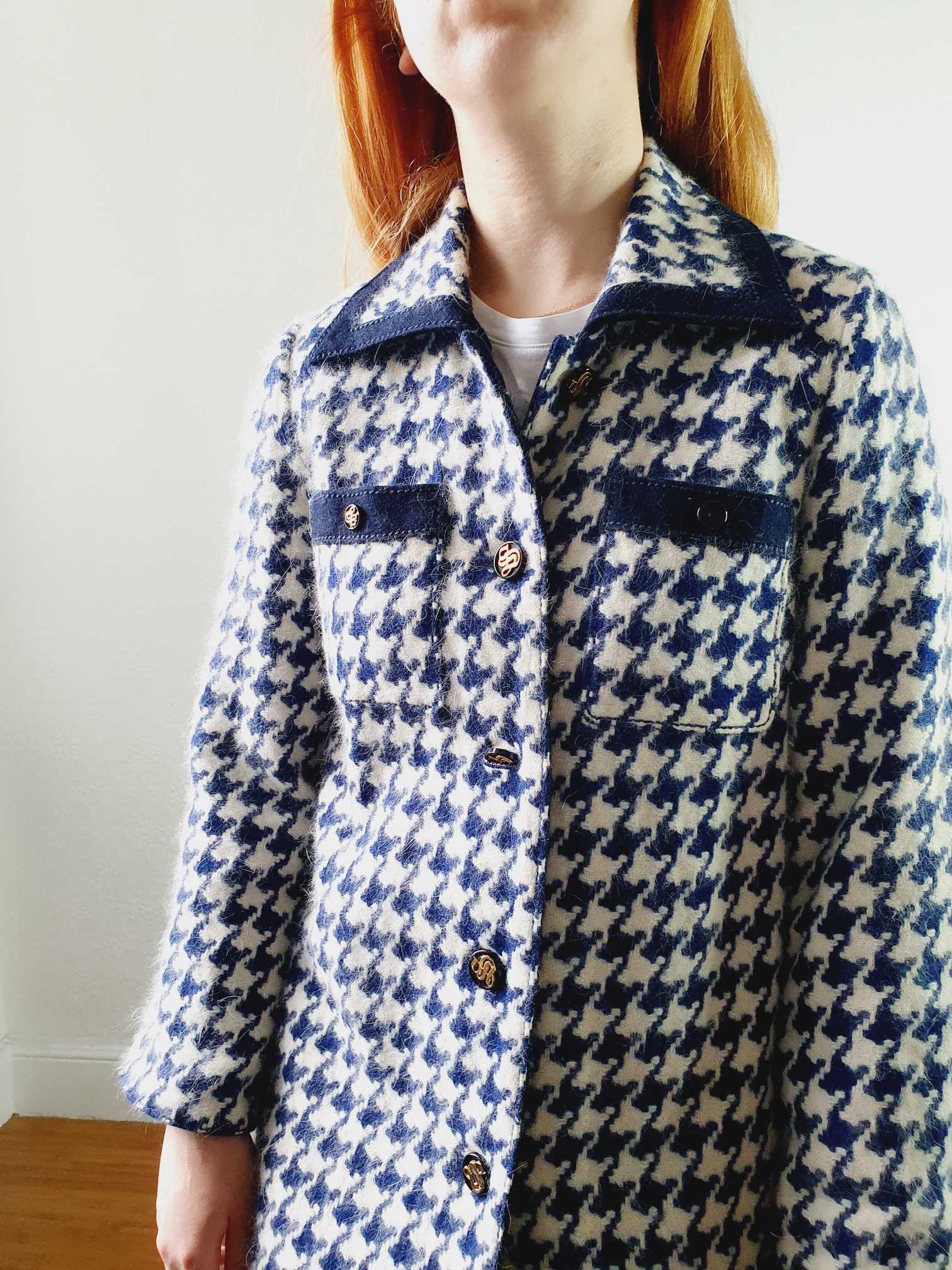 Vintage 70s Navy Houndstooth Angora & Wool Coat - XS/S - Image 10