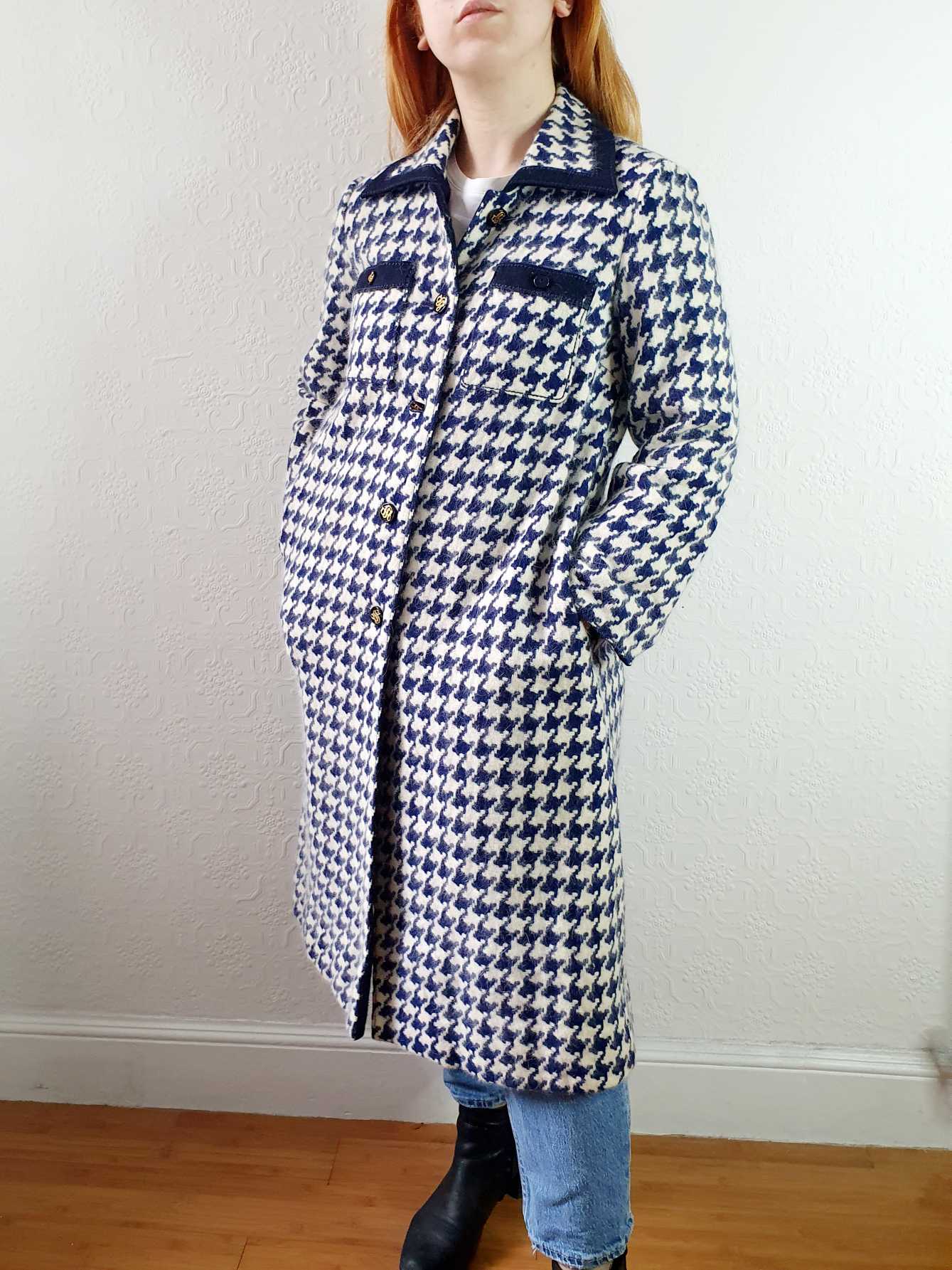 Vintage 70s Navy Houndstooth Angora & Wool Coat - XS/S - Image 11