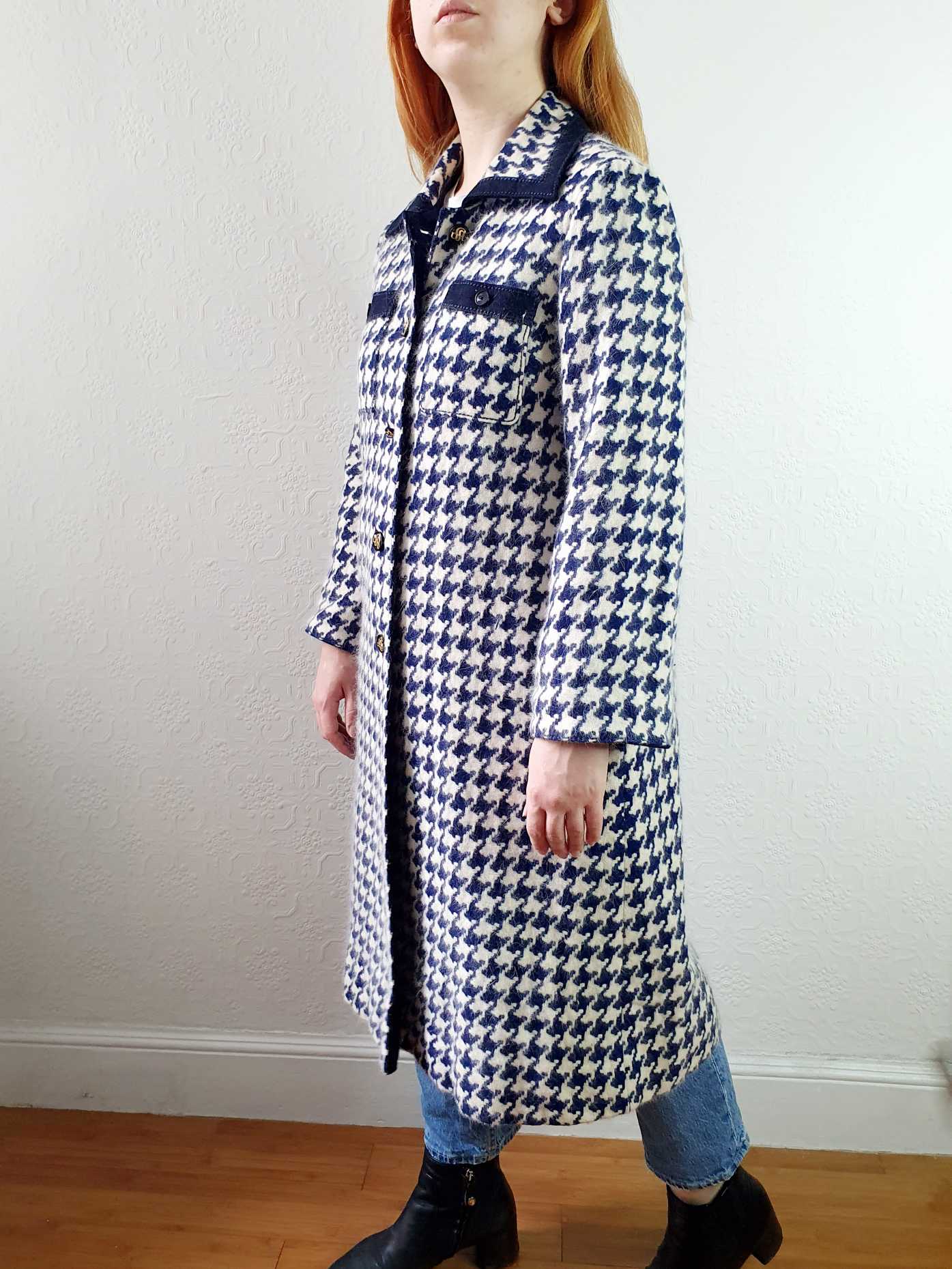 Vintage 70s Navy Houndstooth Angora & Wool Coat - XS/S - Image 12