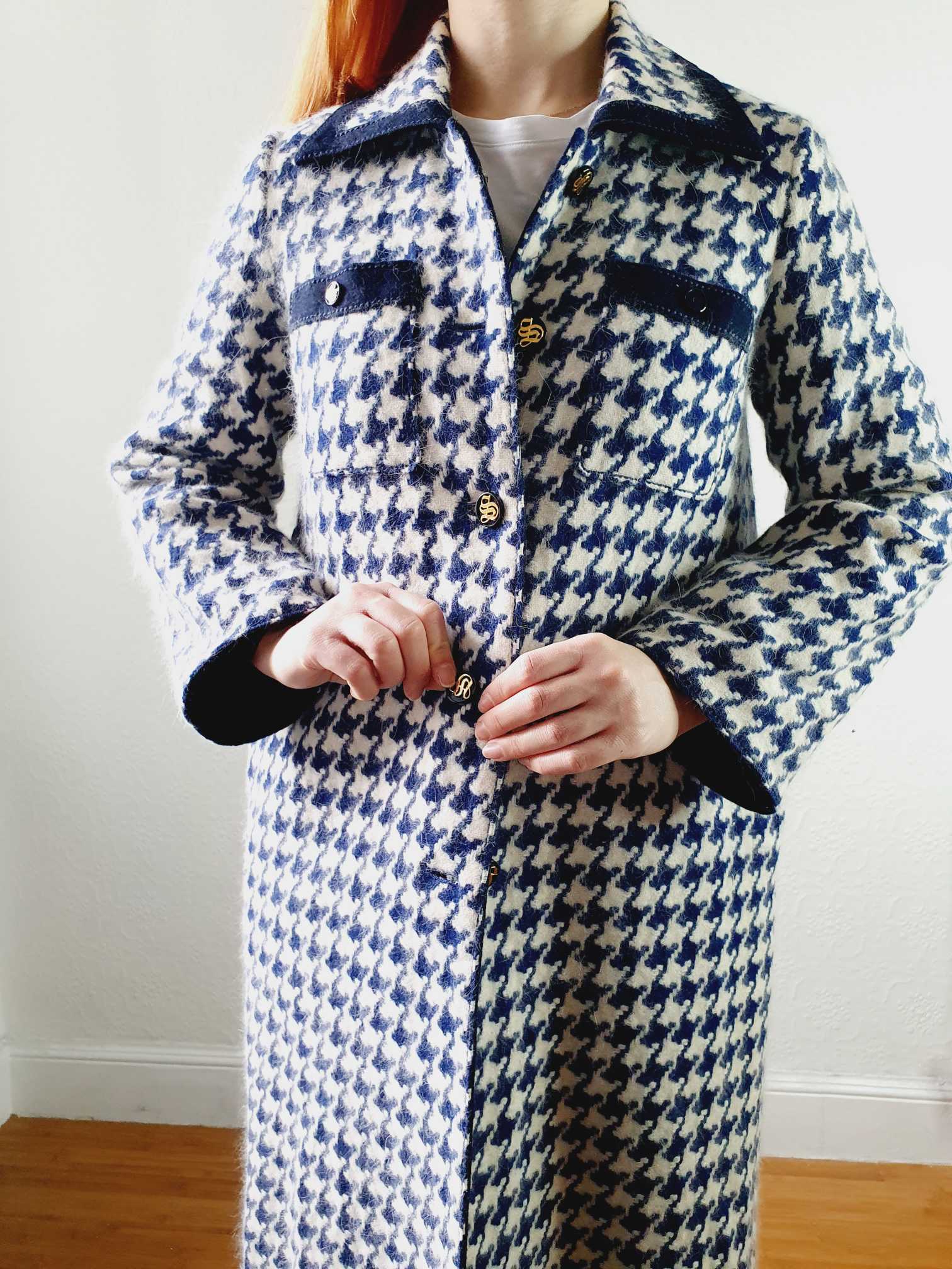 Vintage 70s Navy Houndstooth Angora & Wool Coat - XS/S - Image 14