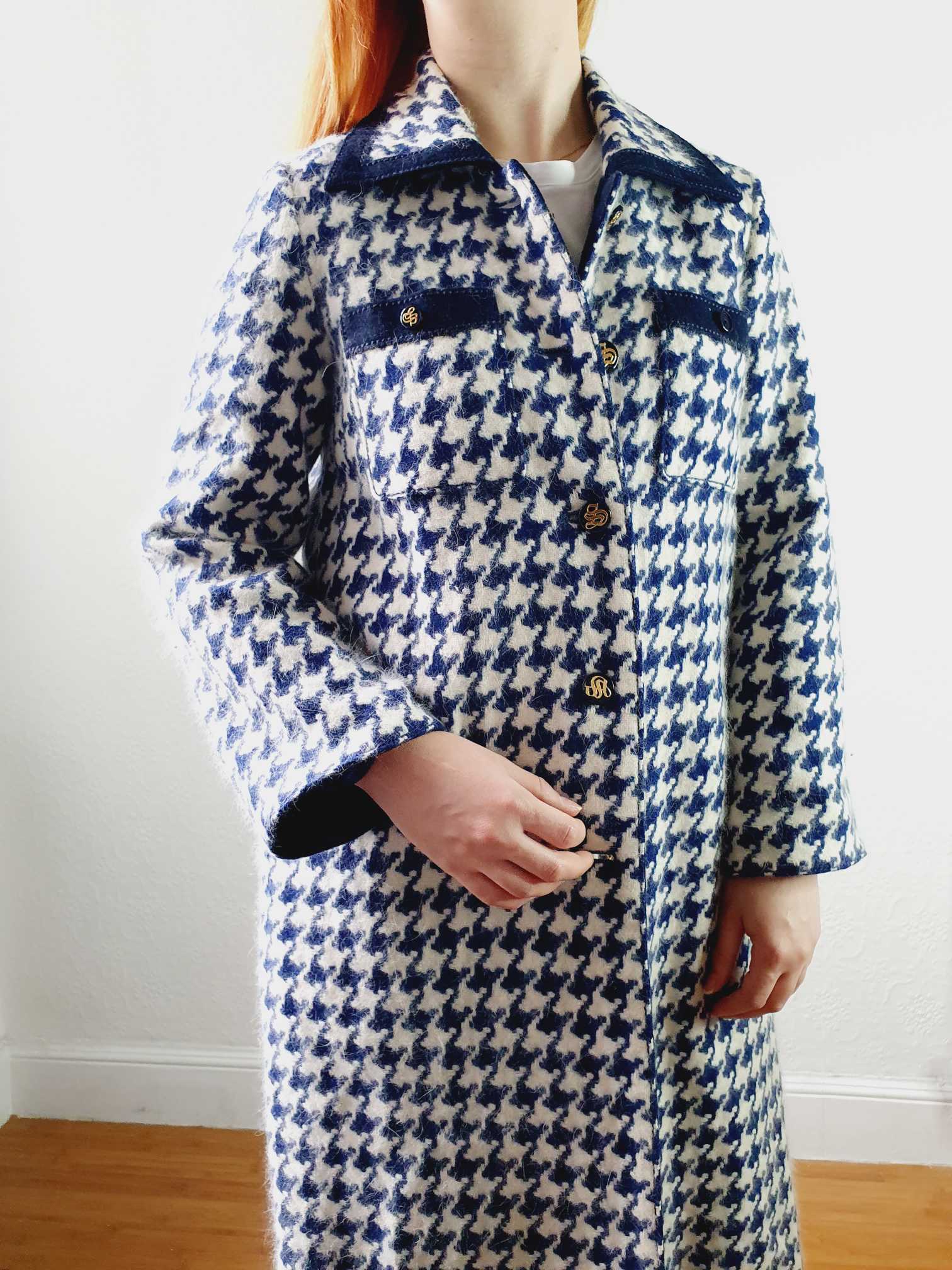 Vintage 70s Navy Houndstooth Angora & Wool Coat - XS/S - Image 15