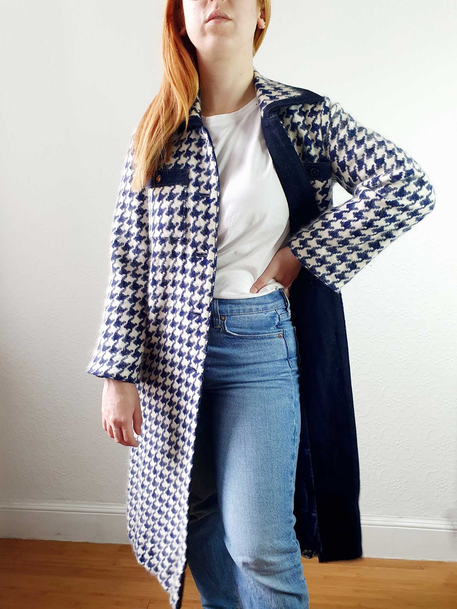 Vintage 70s Navy Houndstooth Angora & Wool Coat - XS/S - Image 2