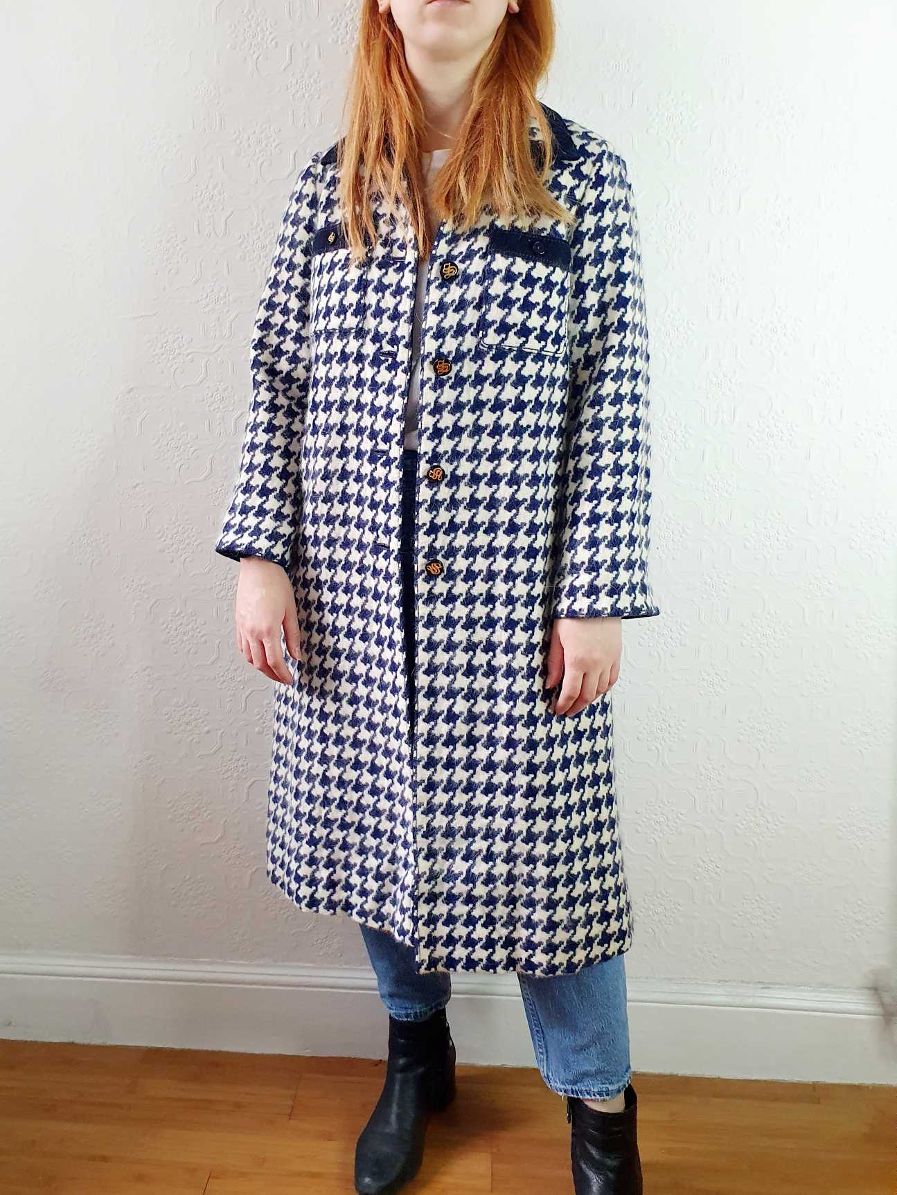Vintage 70s Navy Houndstooth Angora & Wool Coat - XS/S - Image 3
