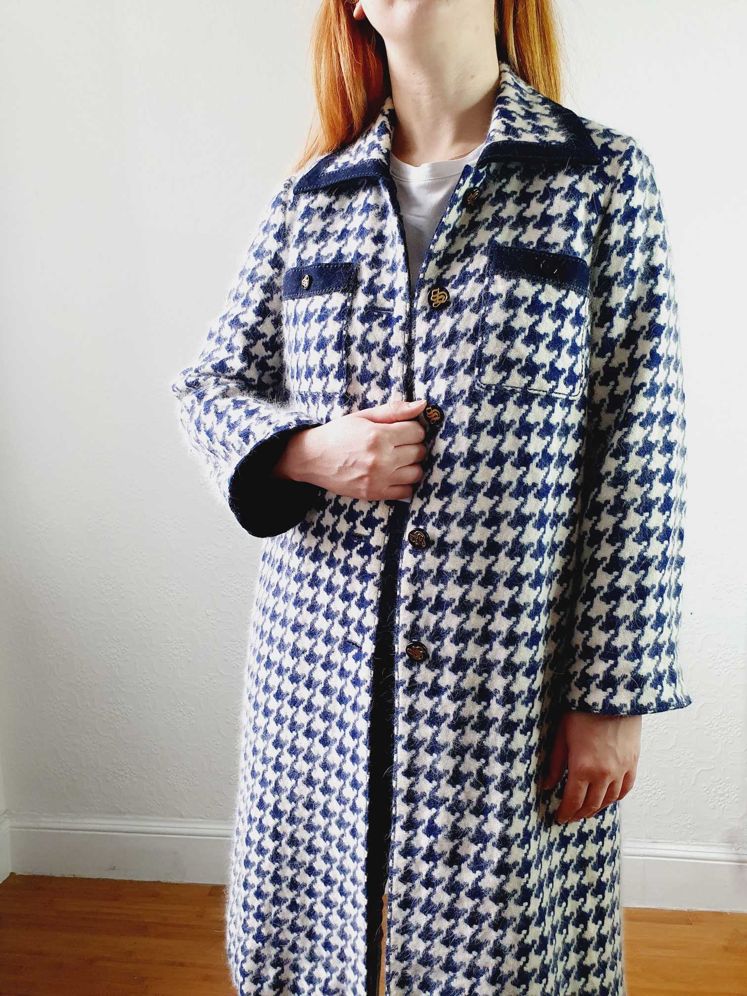 Vintage 70s Navy Houndstooth Angora & Wool Coat - XS/S - Image 4