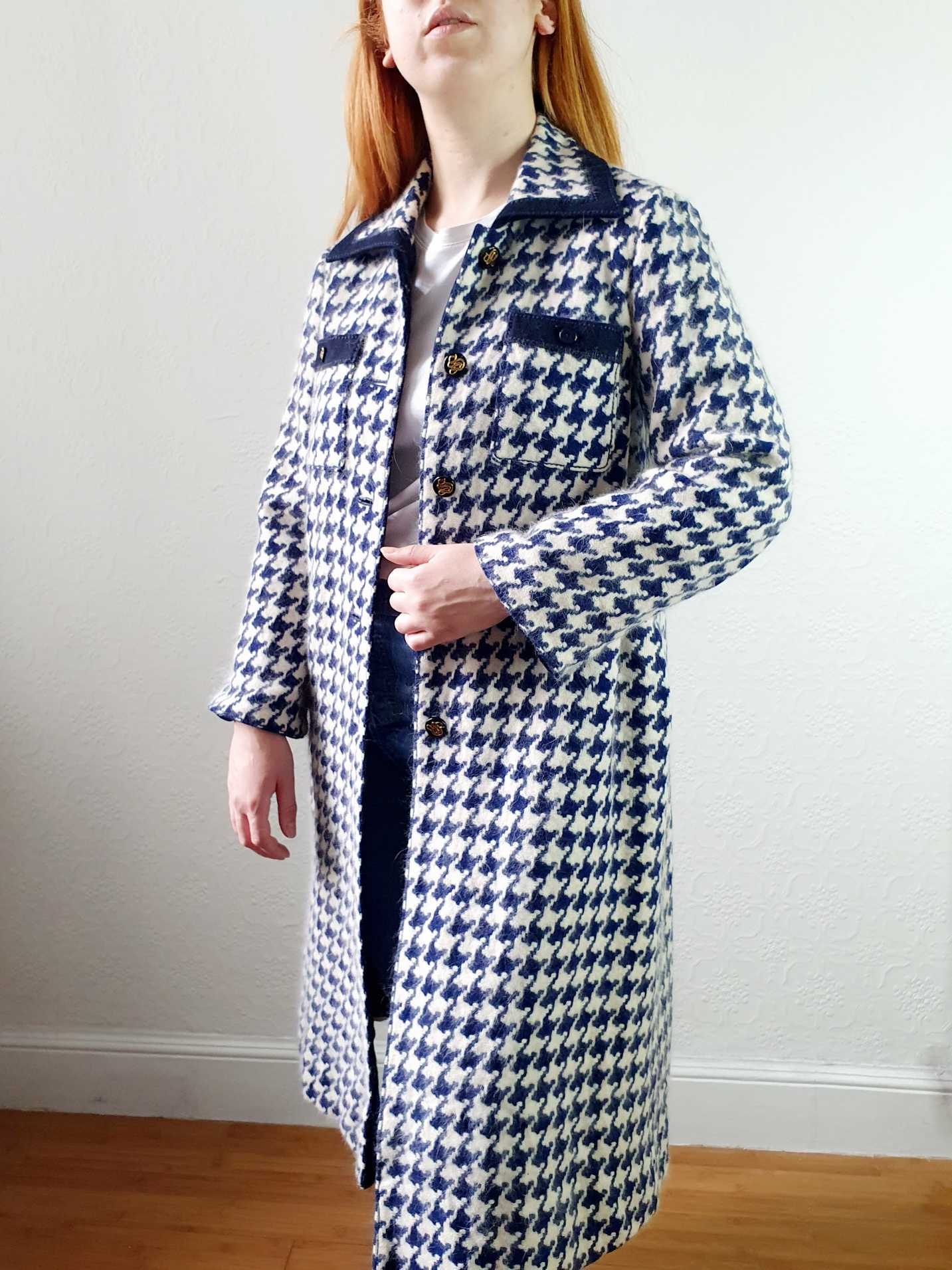 Vintage 70s Navy Houndstooth Angora & Wool Coat - XS/S - Image 5