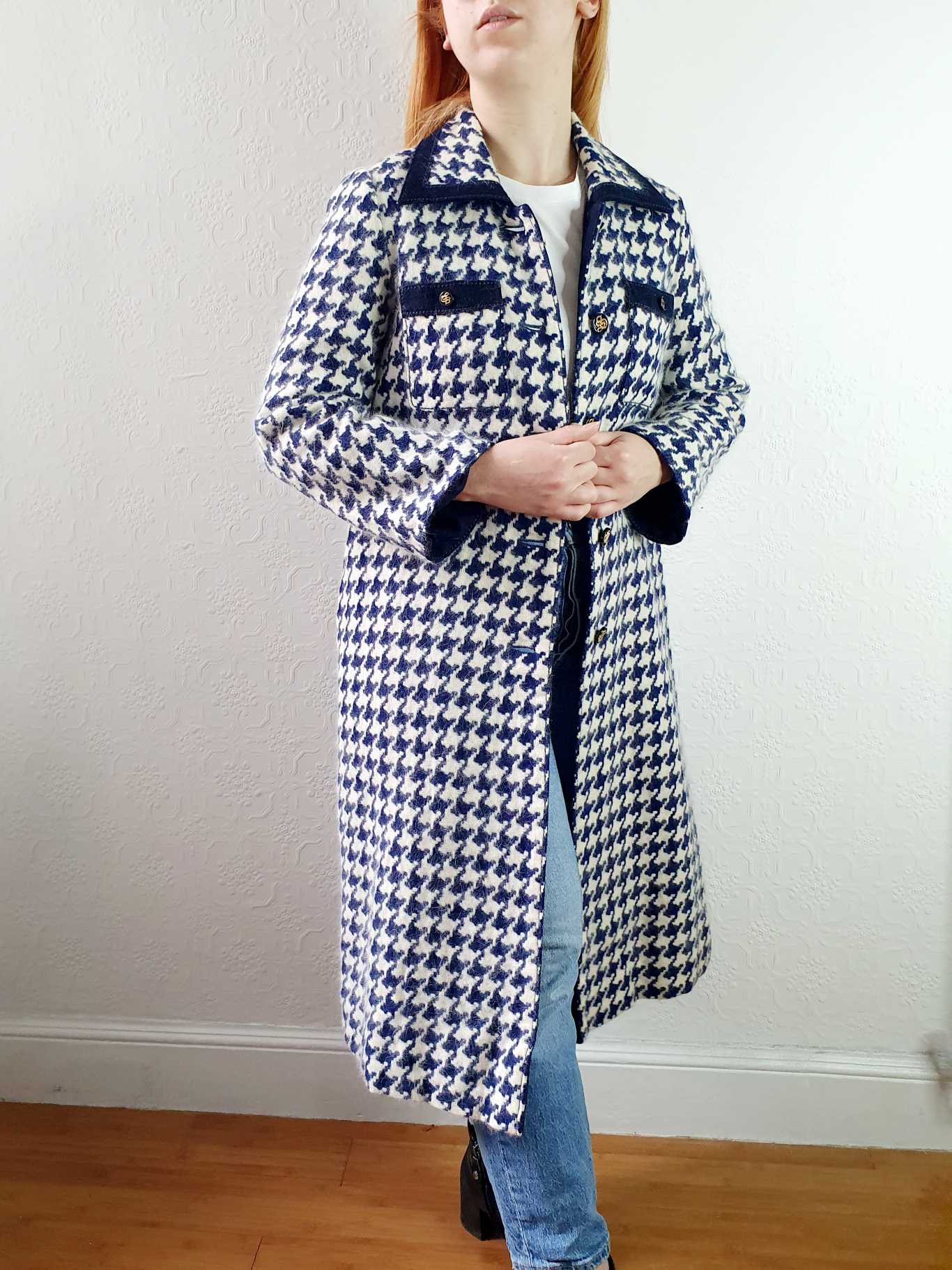 Vintage 70s Navy Houndstooth Angora & Wool Coat - XS/S - Image 7