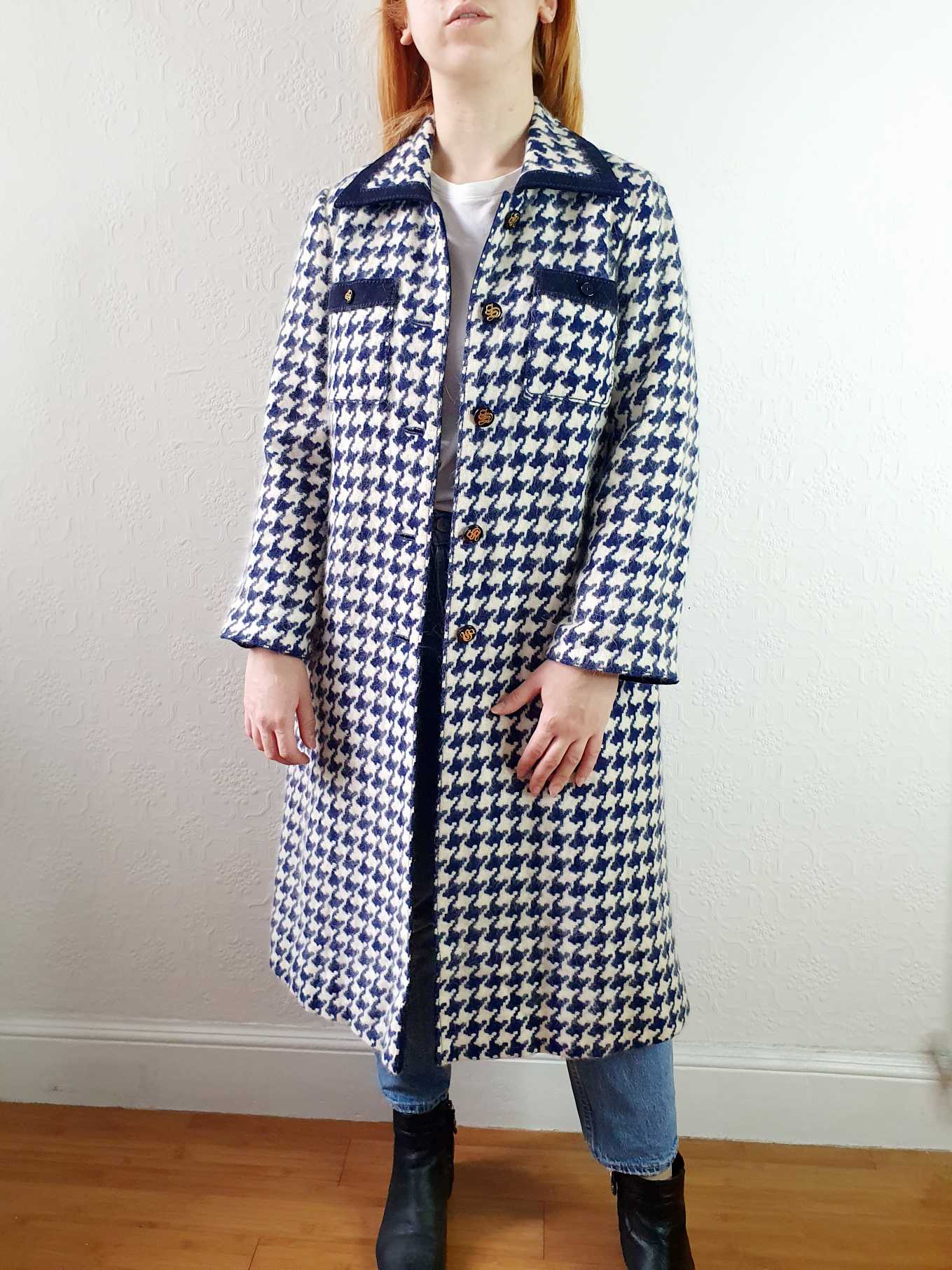 Vintage 70s Navy Houndstooth Angora & Wool Coat - XS/S - Image 8