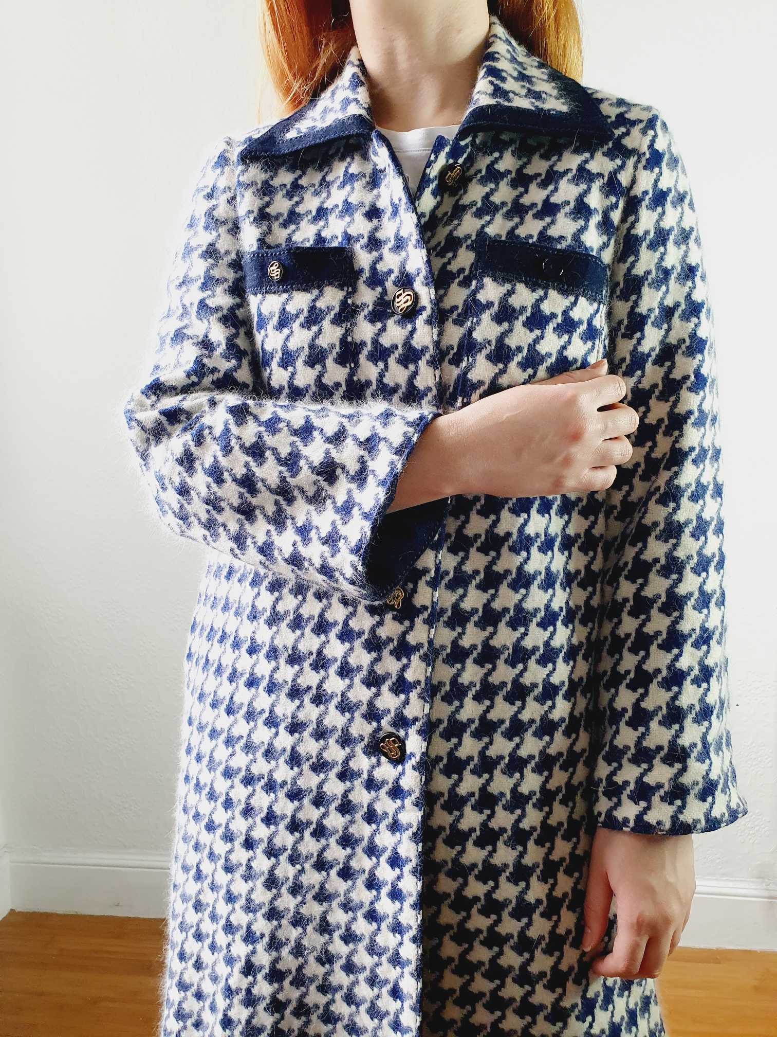 Vintage 70s Navy Houndstooth Angora & Wool Coat - XS/S - Image 9